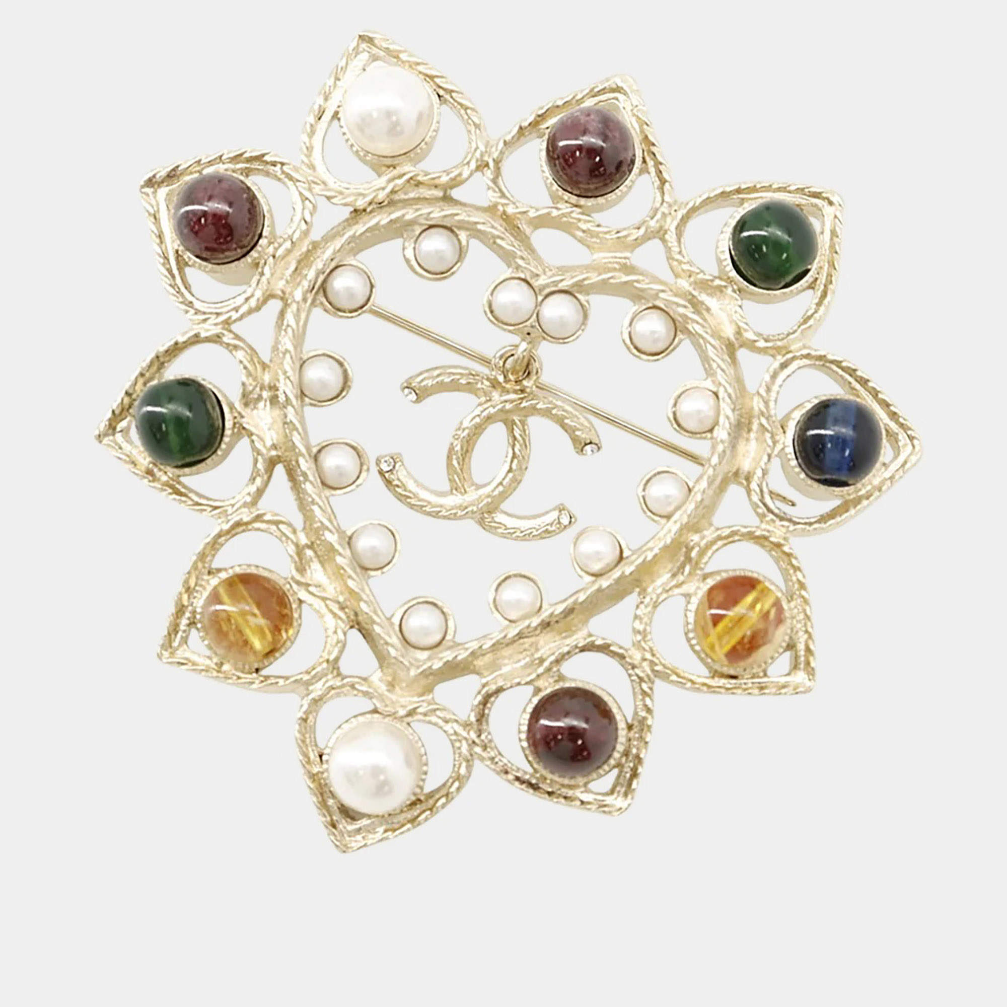 Pre Owned Chanel Cc Logo Color Stone Brooch Champagne Gold Gold Plated Rhinestone Faux Pearl Color Stone