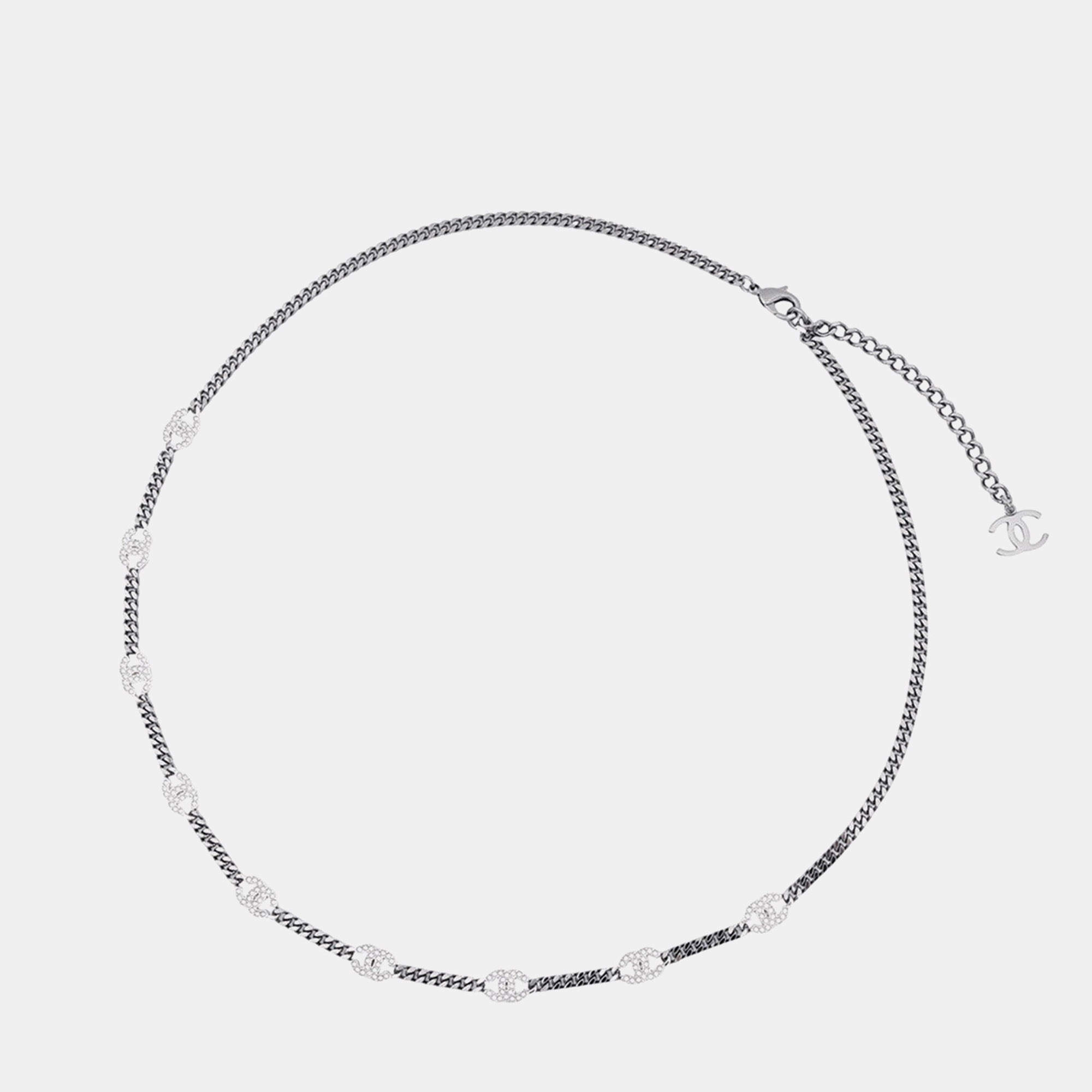 Pre Owned Chanel Cc Logo Rhinestone Long Necklace Gunmetal 21 A Metal Rhinestone