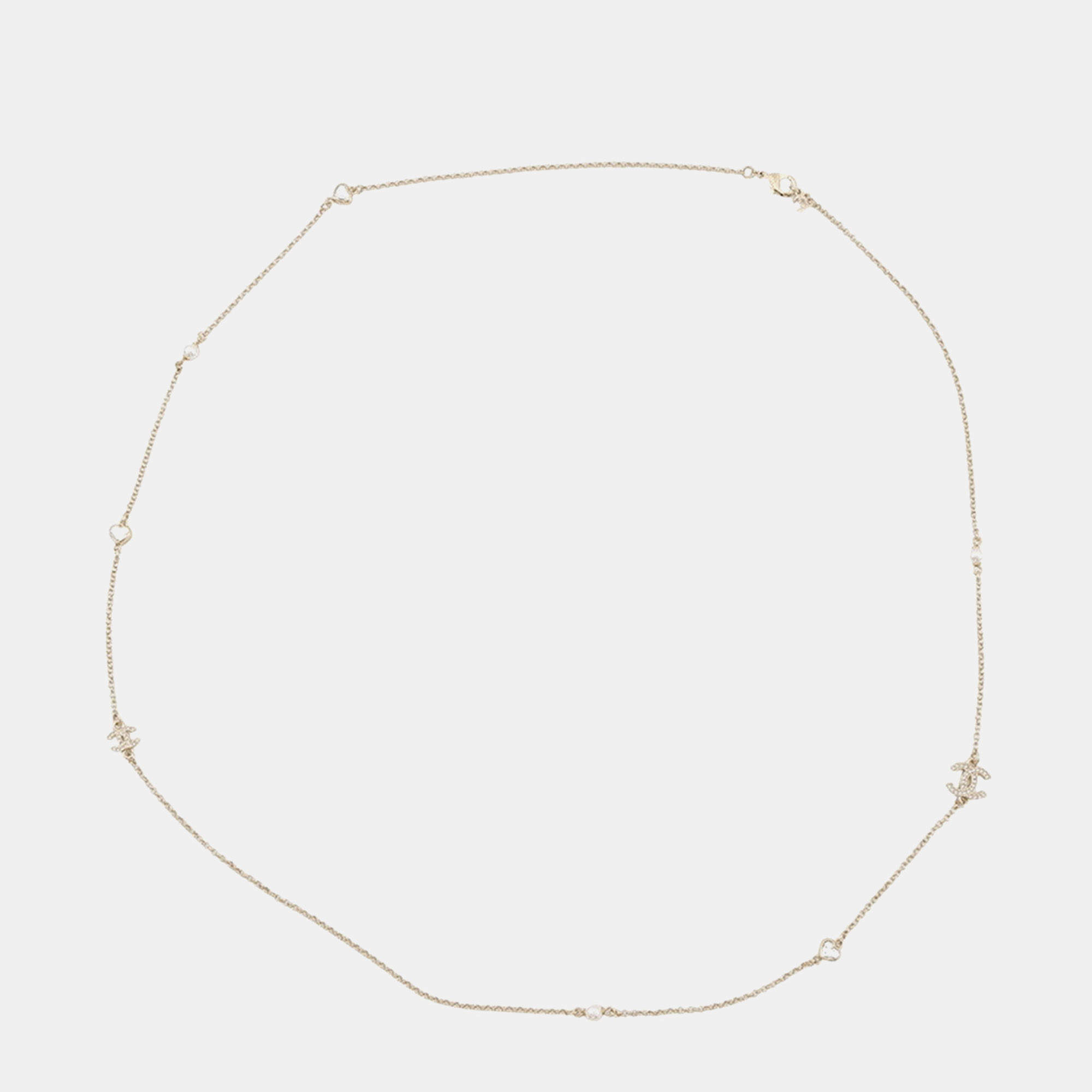 Pre Owned Chanel CC Logo Rhinestone Faux Pearl Long Necklace Champagne Gold Metal