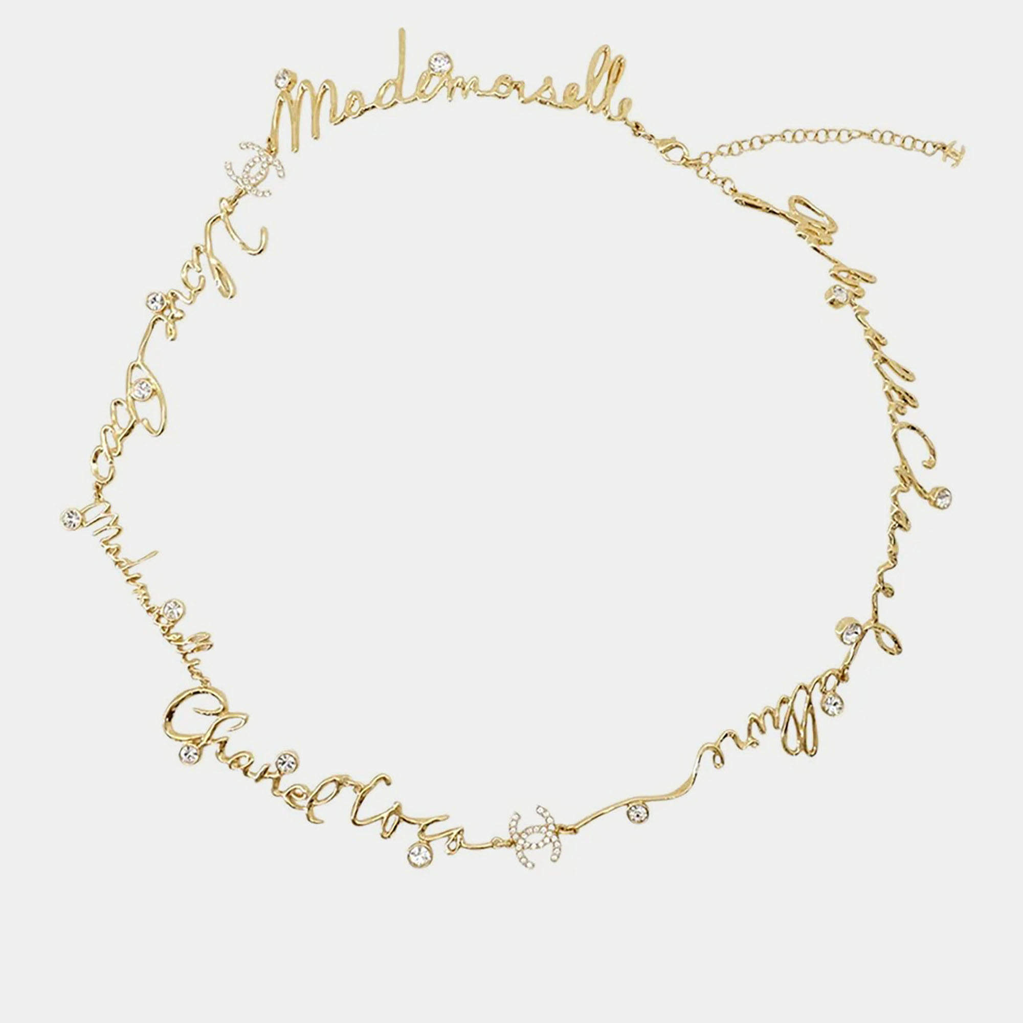 Pre Owned Chanel I Love Coco Long Necklace Gold/Transparent Metal Rhinestone