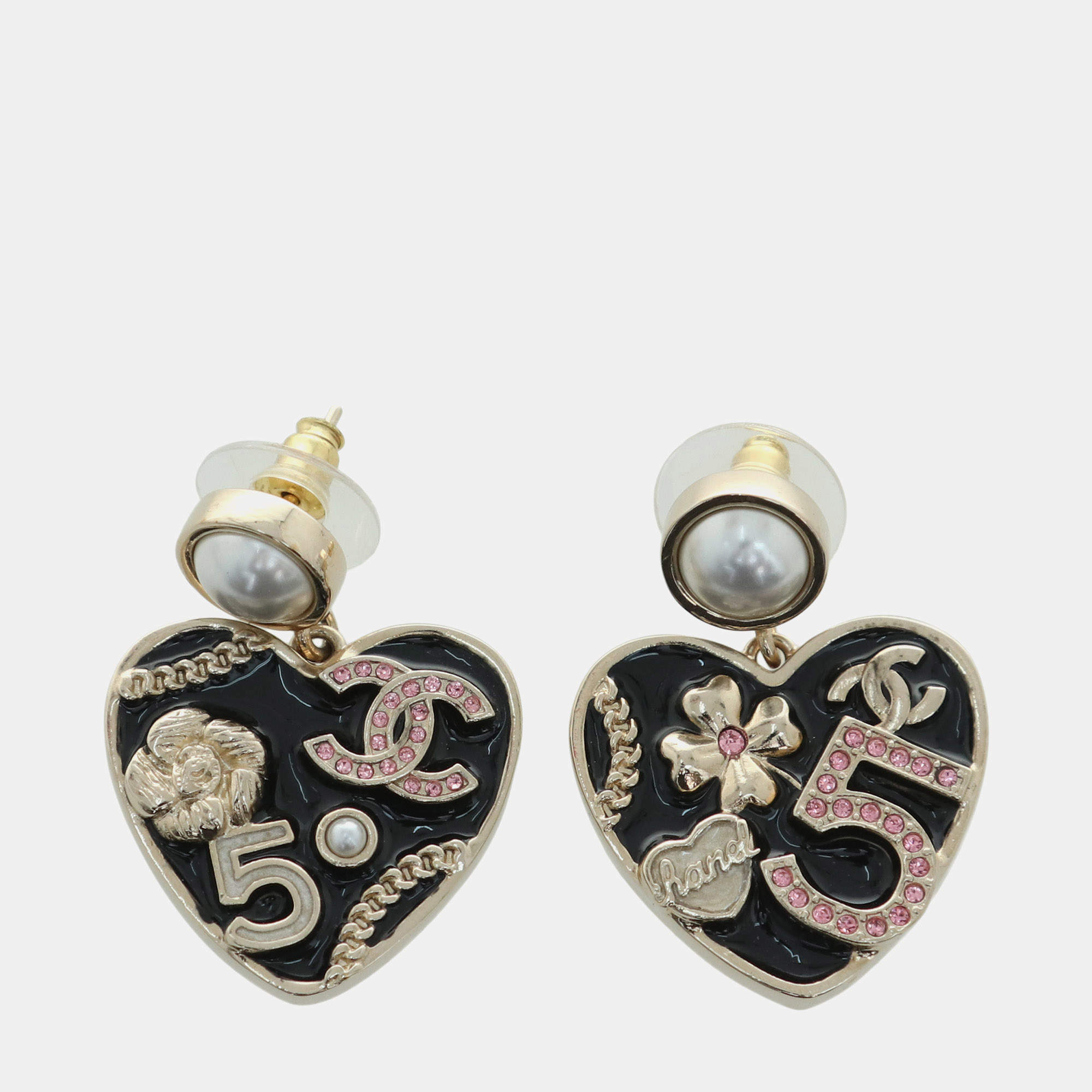 Pre Owned Chanel B24 Heart Black Gold Tone Pearl Crystals Earrings