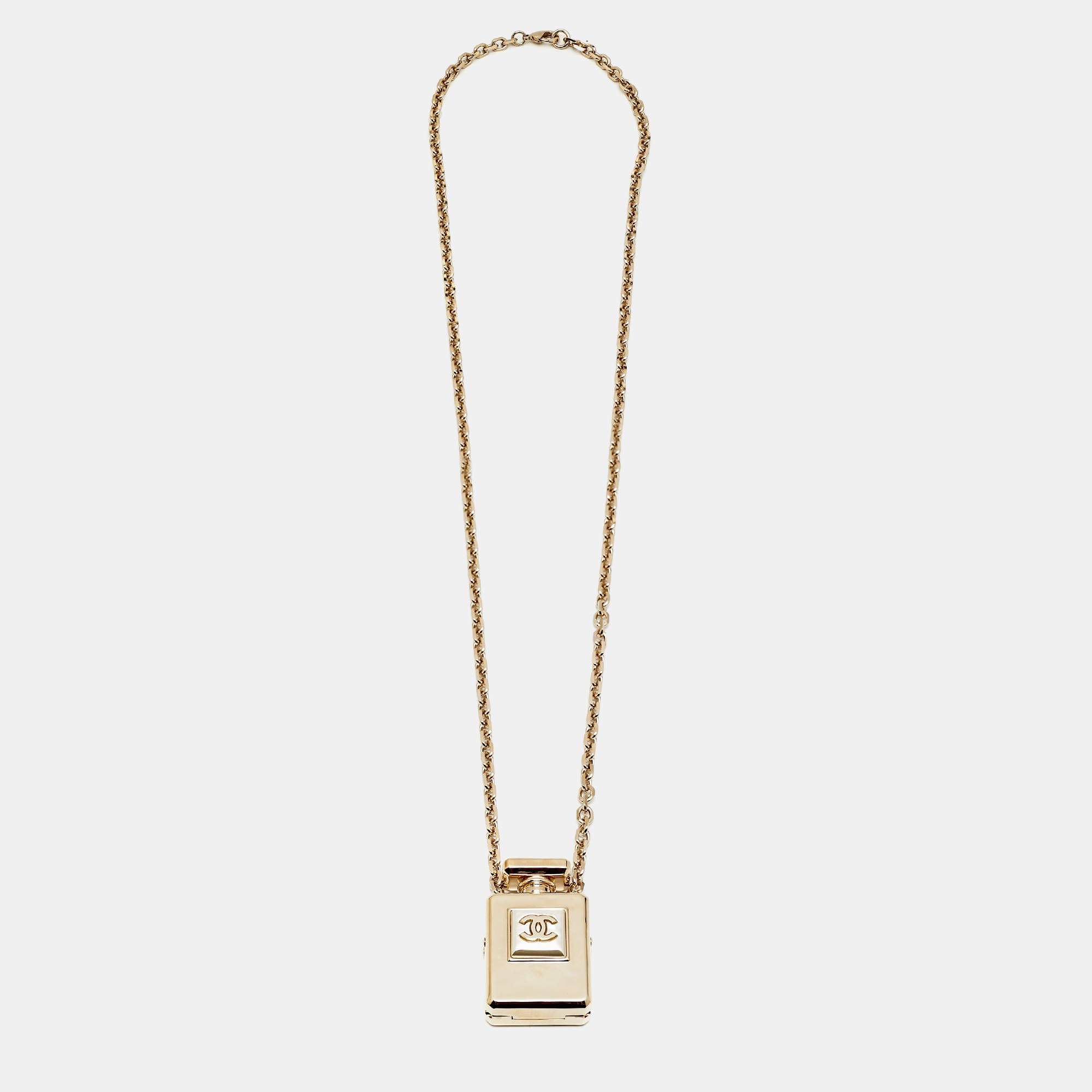 Pre Owned Chanel CC Gold Tone Faux Pearl Perfume Bottle Pendant Long Necklace