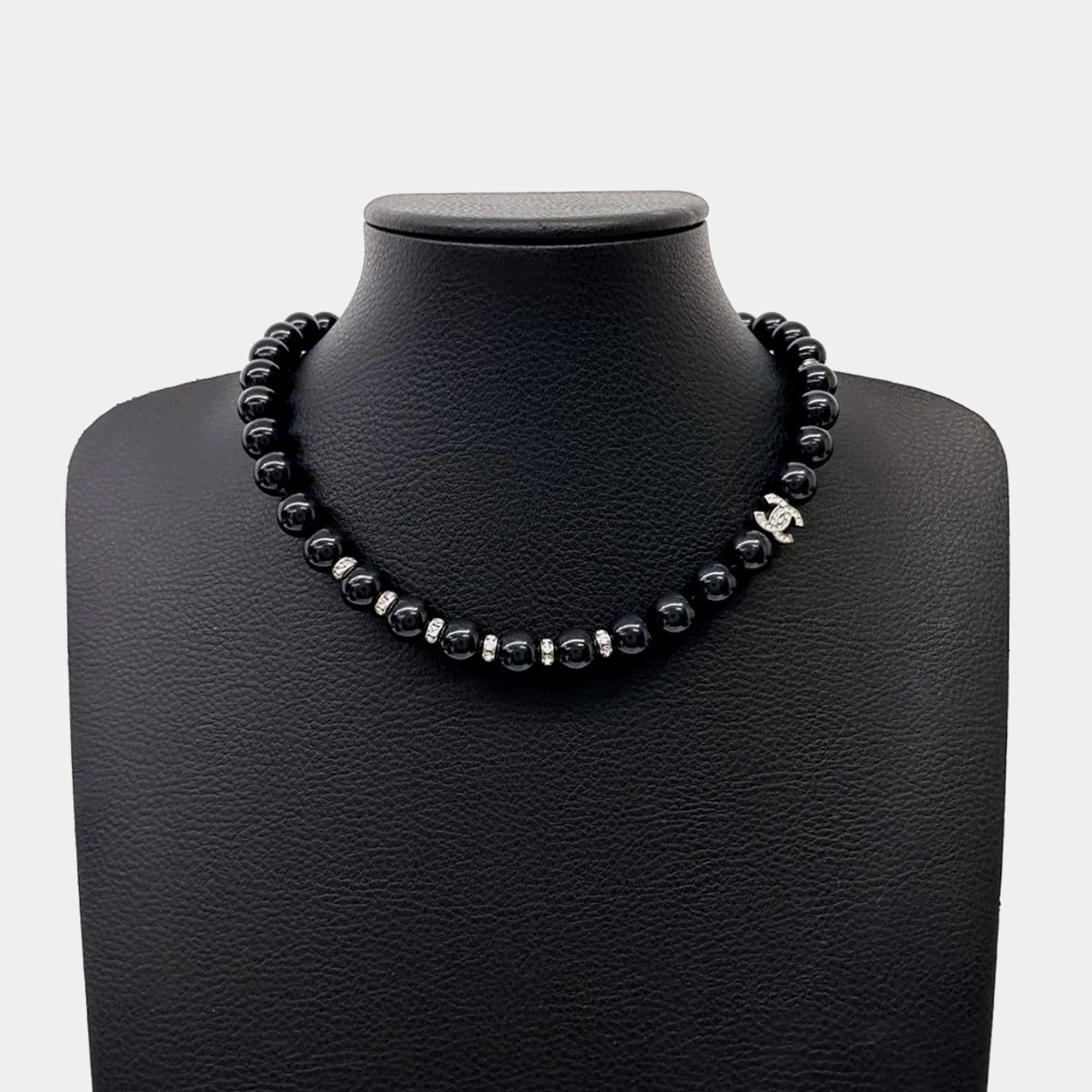 Pre Owned Chanel CC Black Beads Crystals Necklace