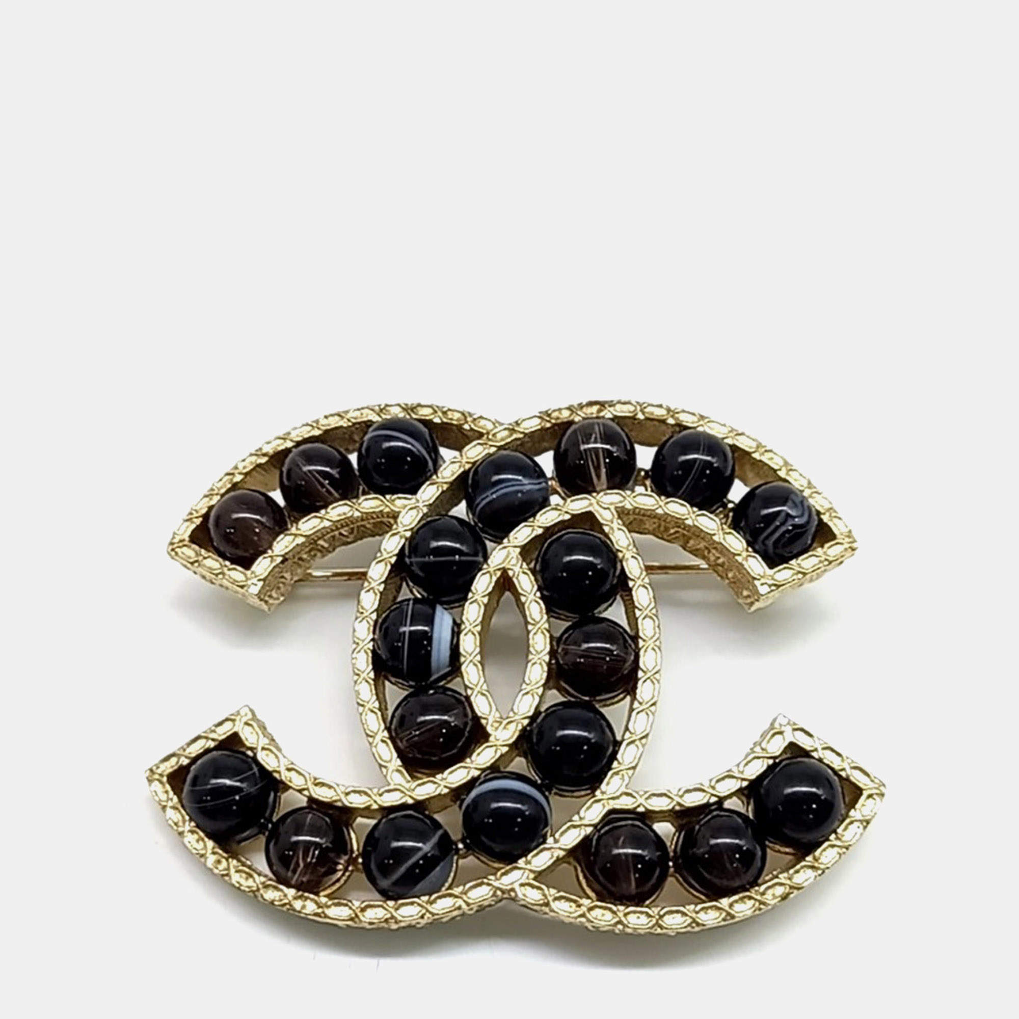 Pre Owned Chanel CC Black Beads Gold Brooch