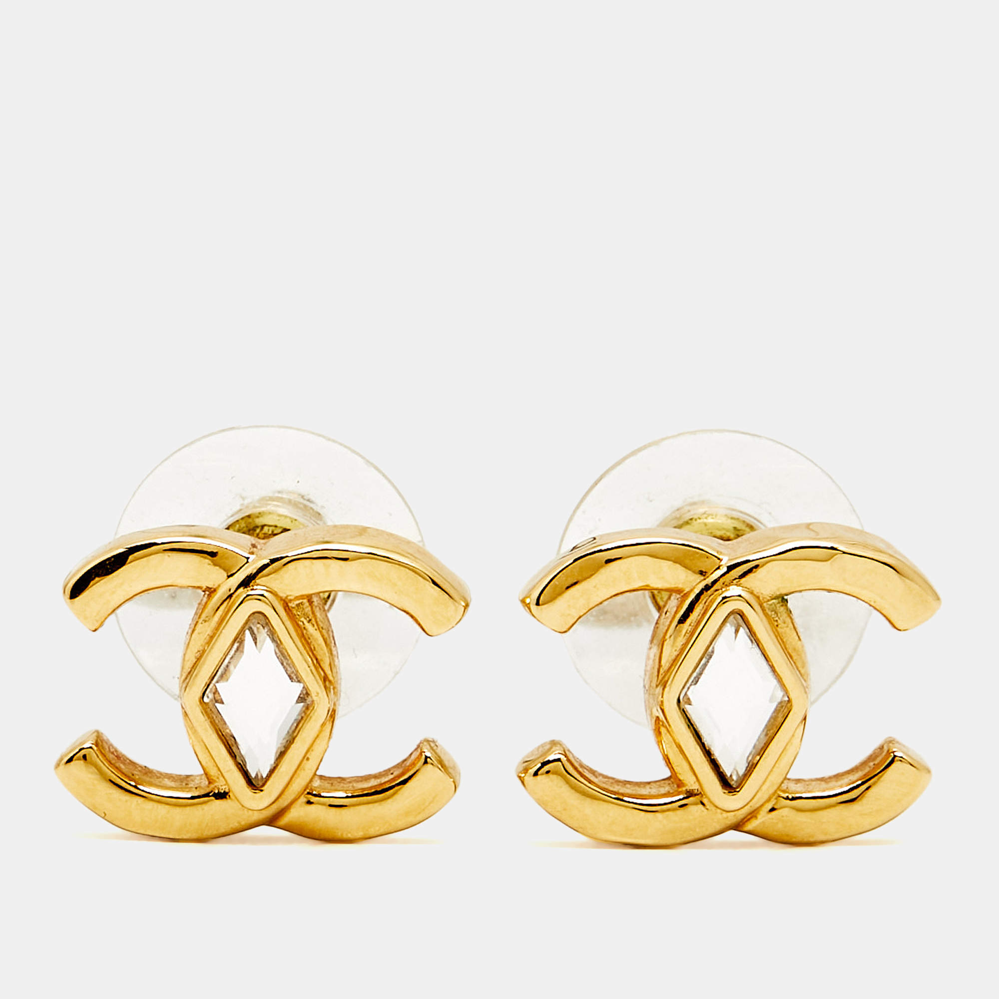 Pre Owned Chanel CC Crystals Gold Tone Earrings