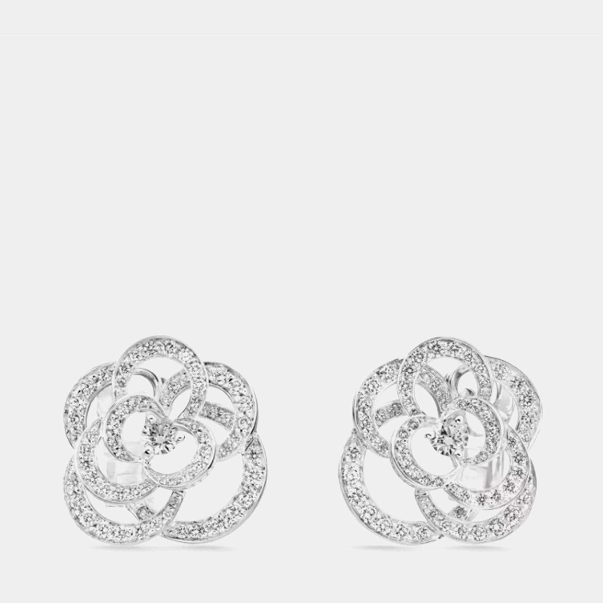 Chanel Fil de Camélia Diamond Earrings, White Gold