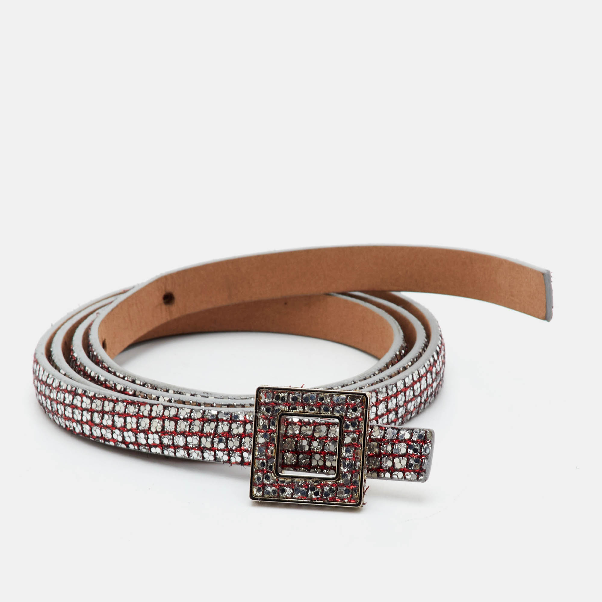 Pre Owned Chanel 70CM Silver/Pink Glitter Sequin Narrow Leather Waist Belt 