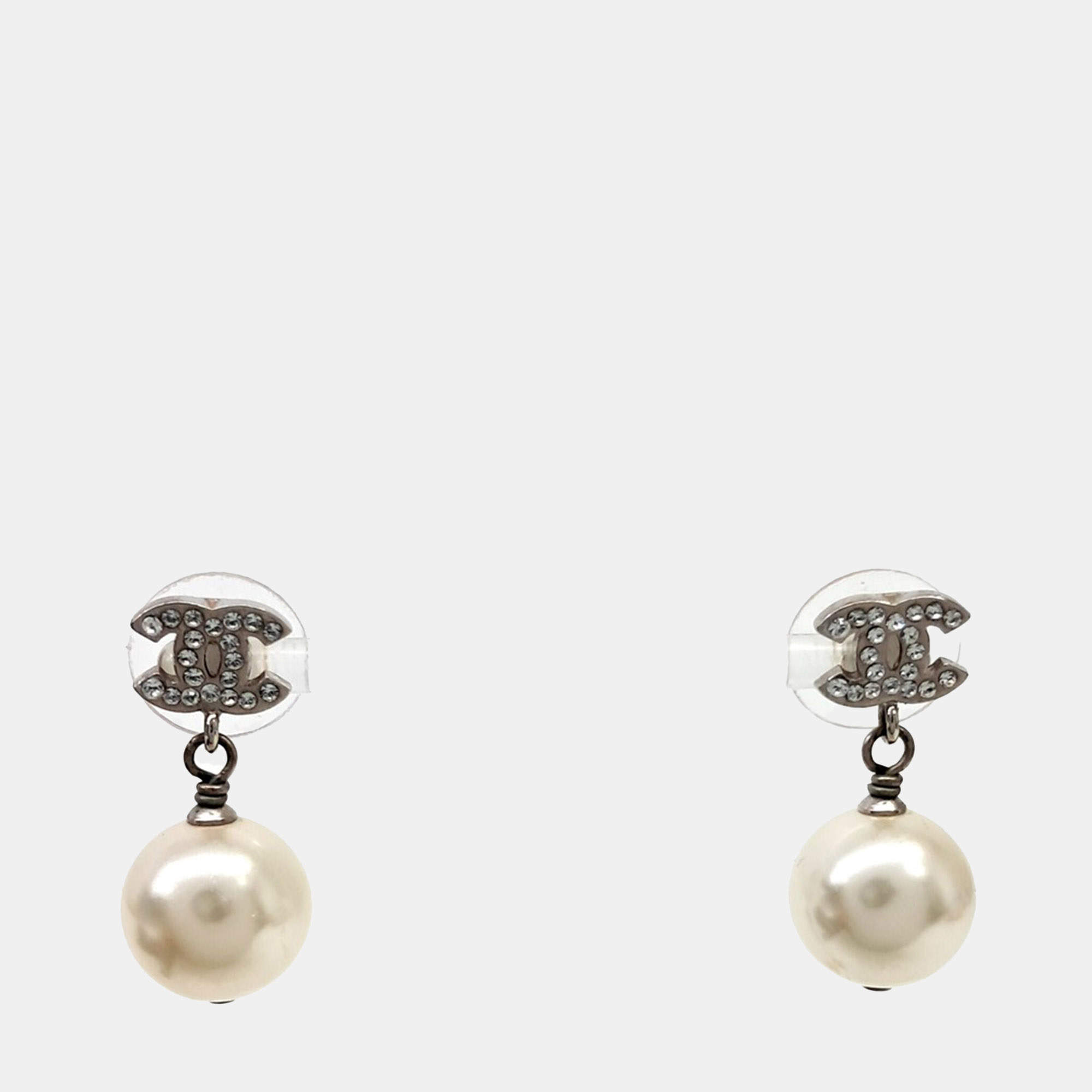Pre Owned Chanel Logo Pearl Earrings