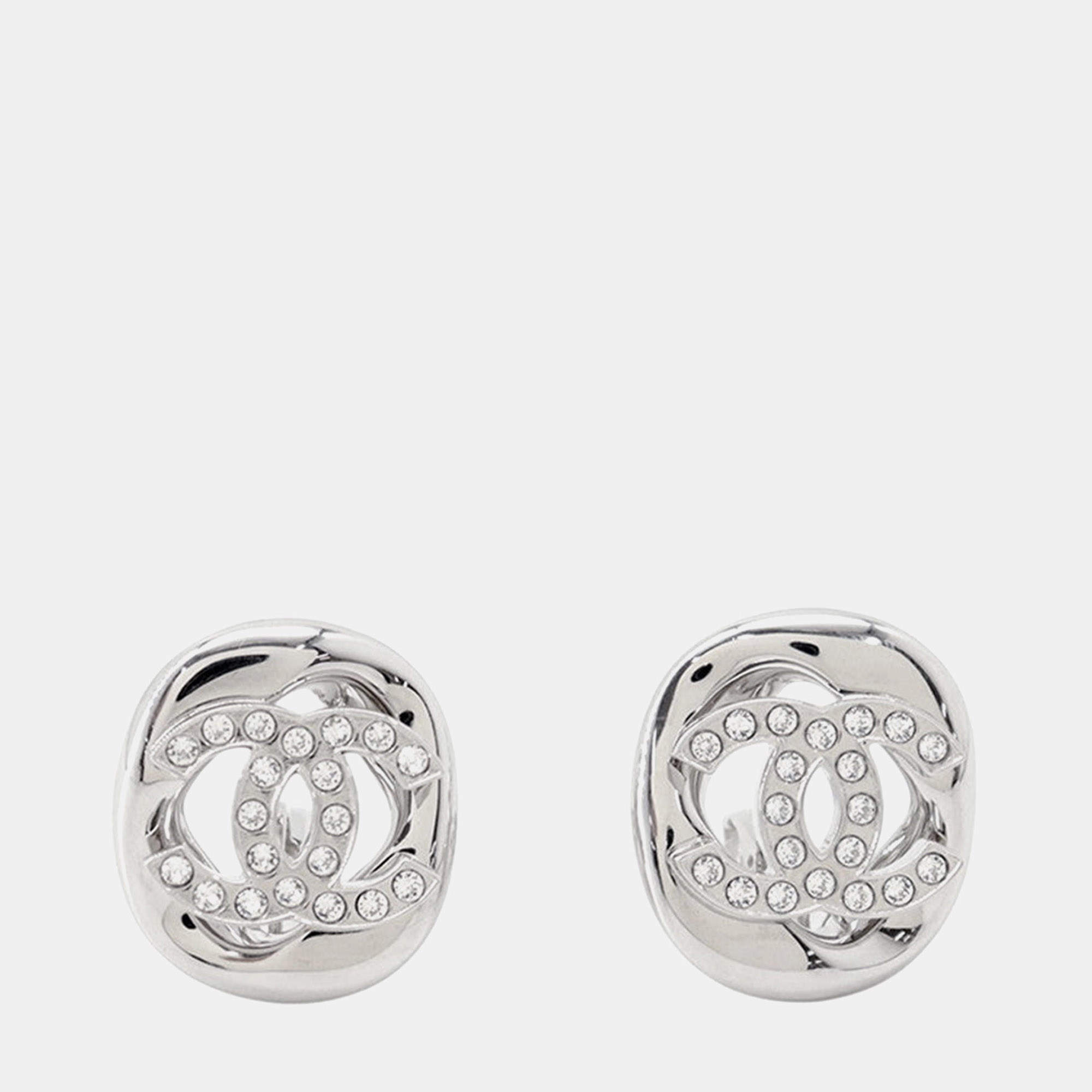Pre Owned Chanel CC Logo Crystal Metal Women's Clip-On Earrings