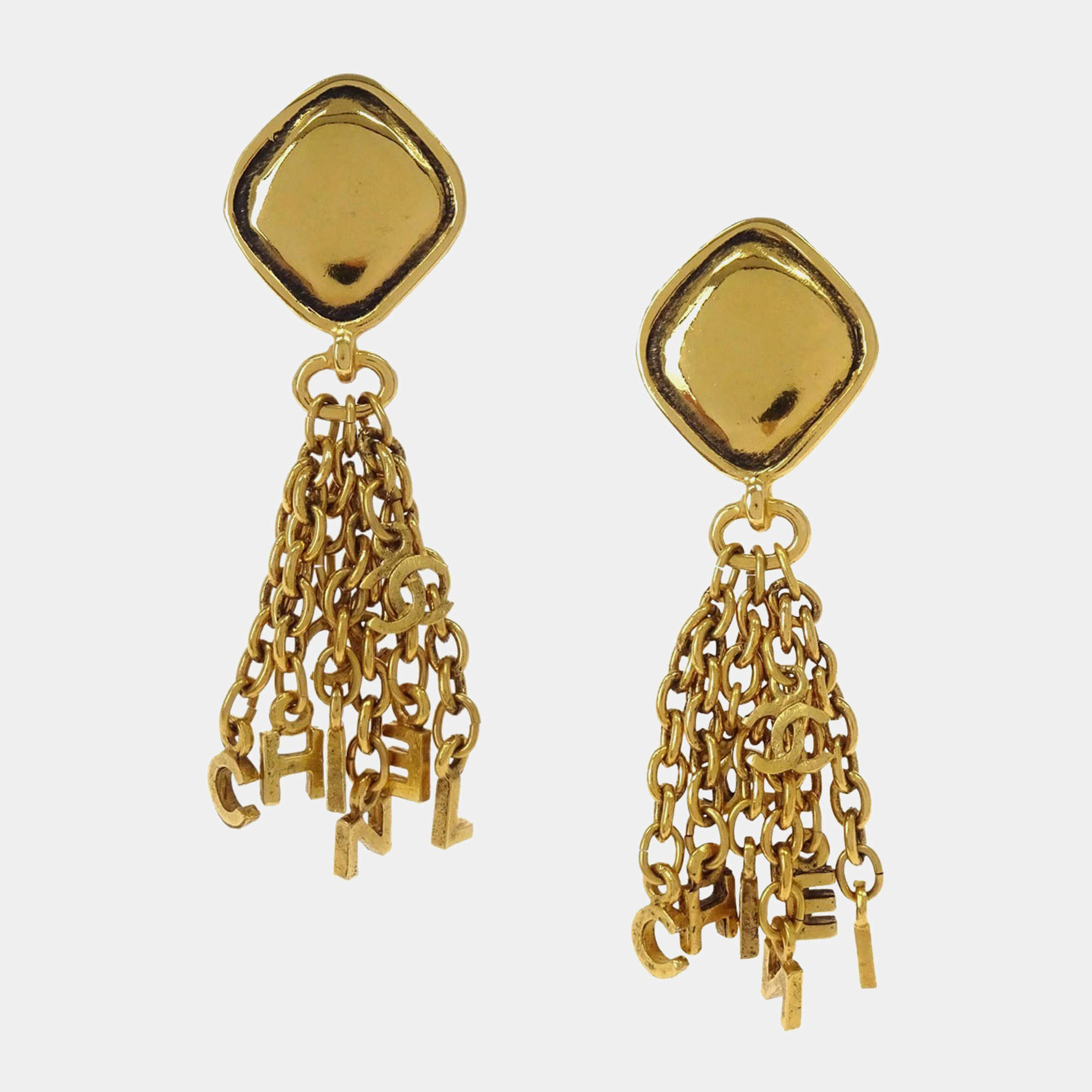 Pre Owned Chanel Vintage Rhombus CC Tassel Metal Women's Clip -On Earrings
