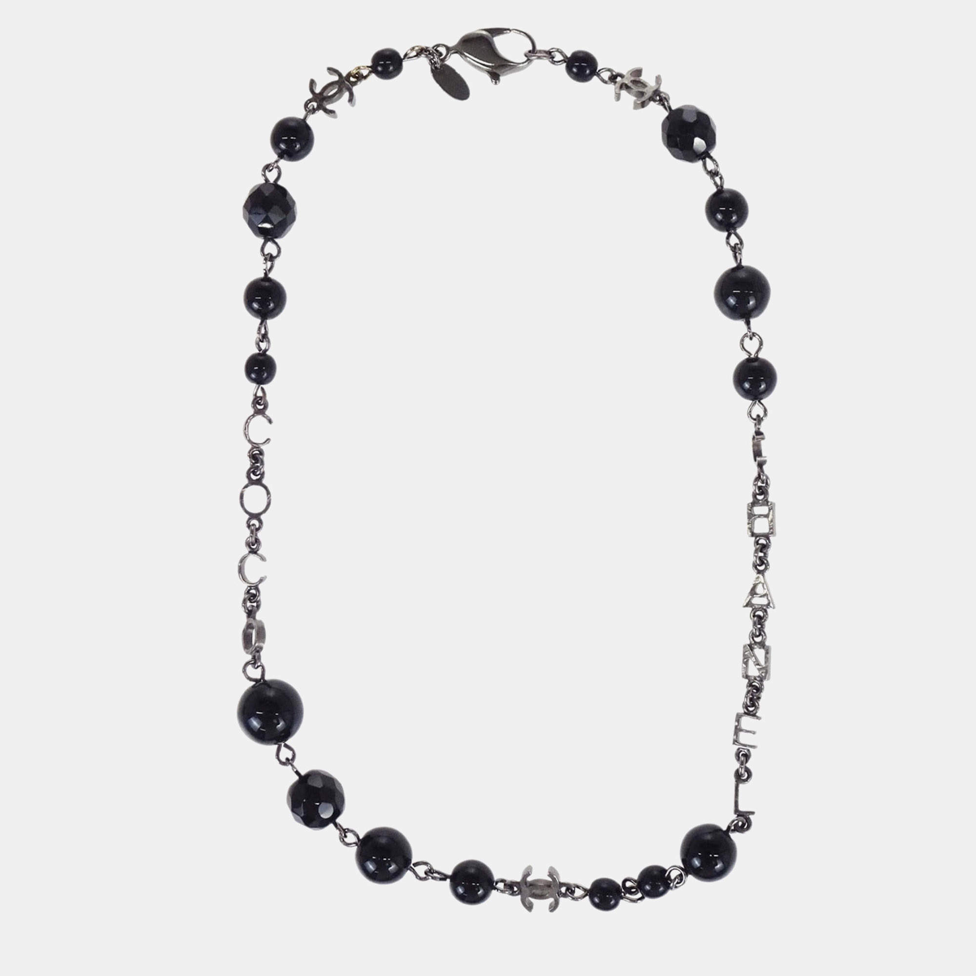 Pre Owned Chanel Interlocking CC Coco Mark 08A Silver Plated Black Bead Necklace