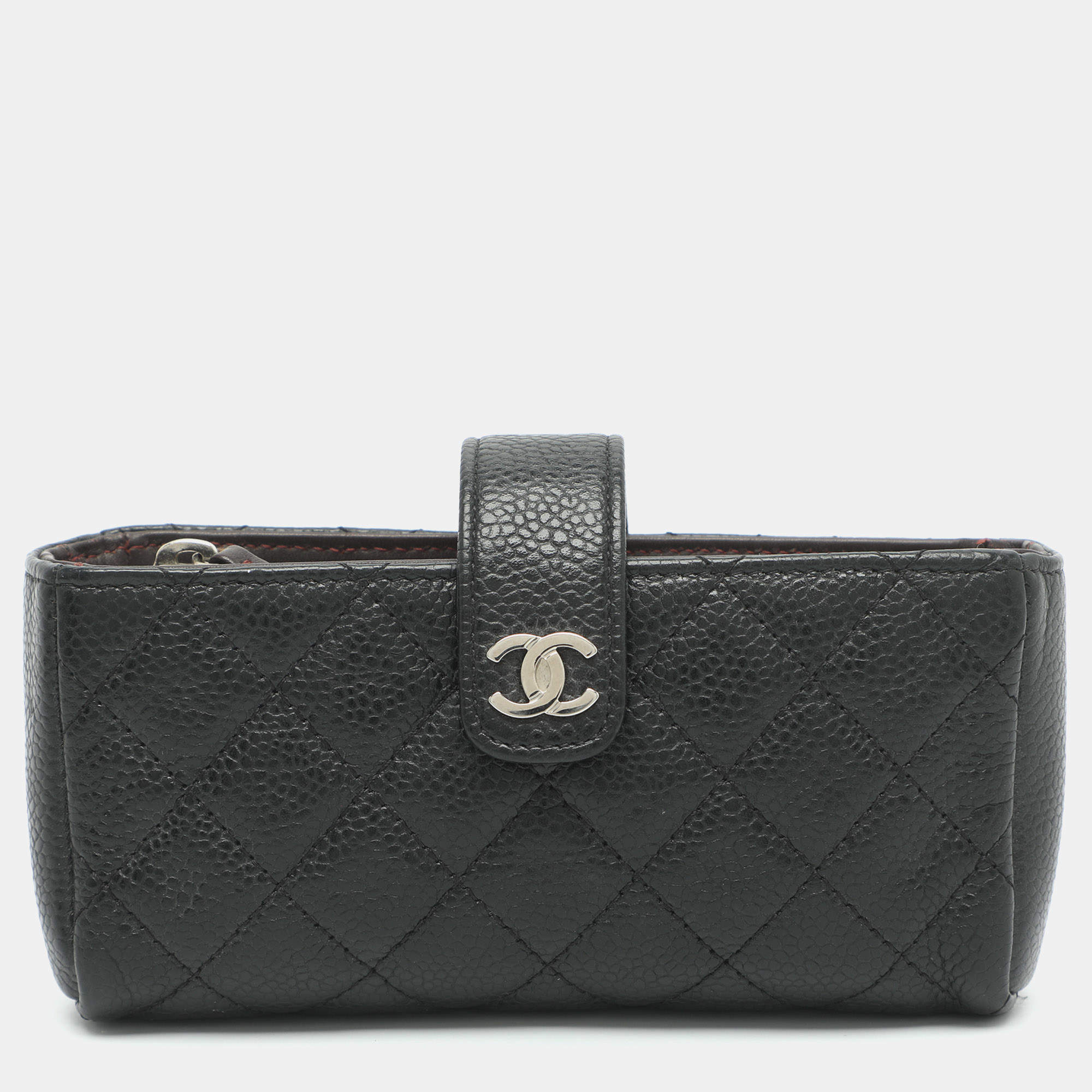 Pre Owned Chanel O-Phone Holder Pouch Black Quilted Caviar Leather