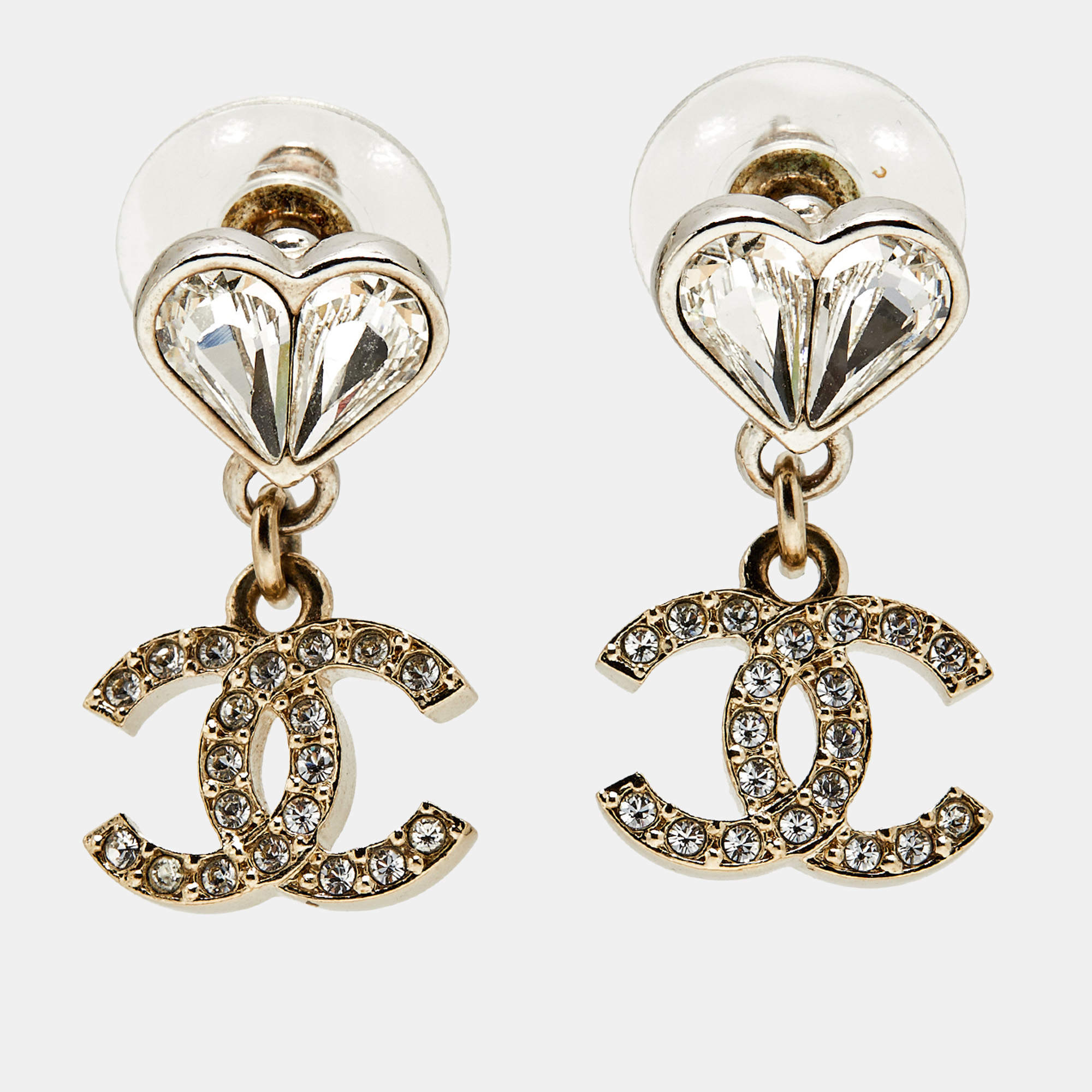 Pre Owned Chanel CC Crystal Heart Two Tone Drop Earrings