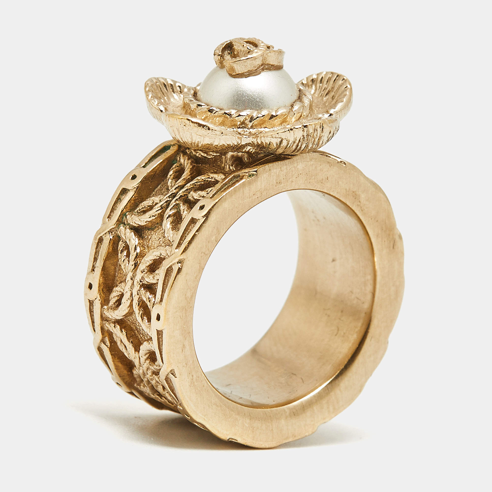 Pre Owned Chanel Coco Mark Flower Faux Pearl Gold Tone Wide Band Ring Size 51
