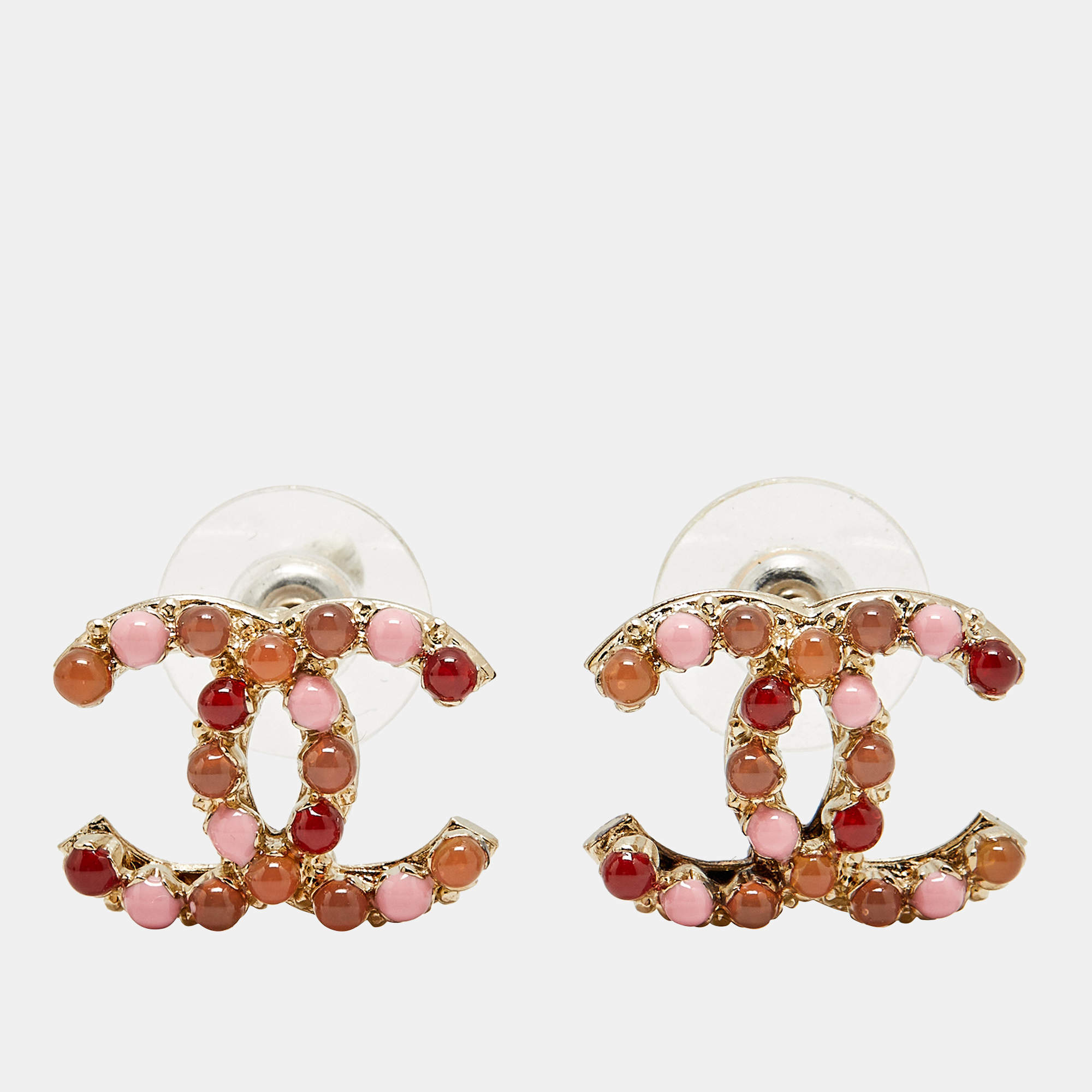 Pre Owned Chanel CC Multicolor Resin Gold Tone Stud Earrings 