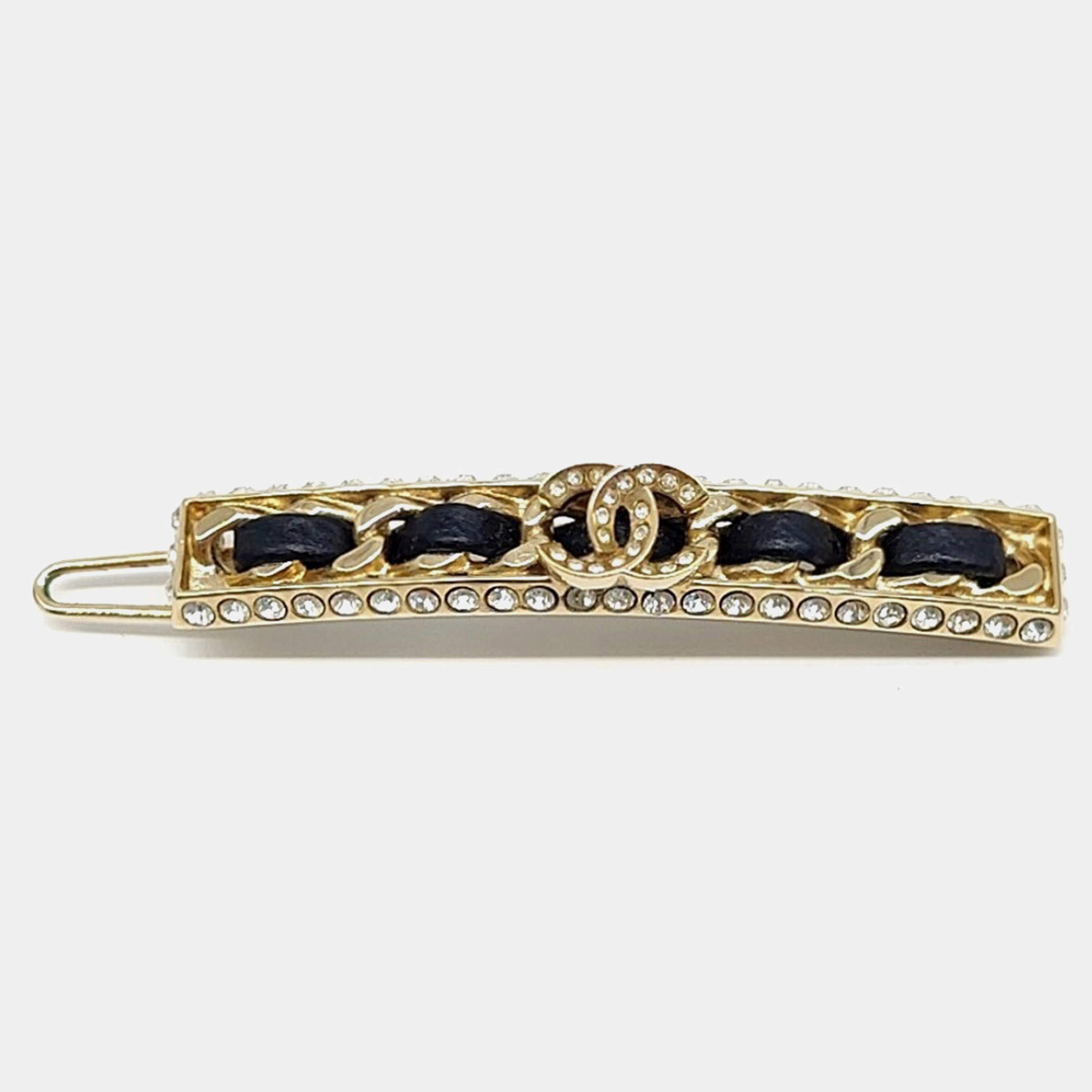 Pre Owned Chanel CC Gold Leather Rhinestone Hairpin