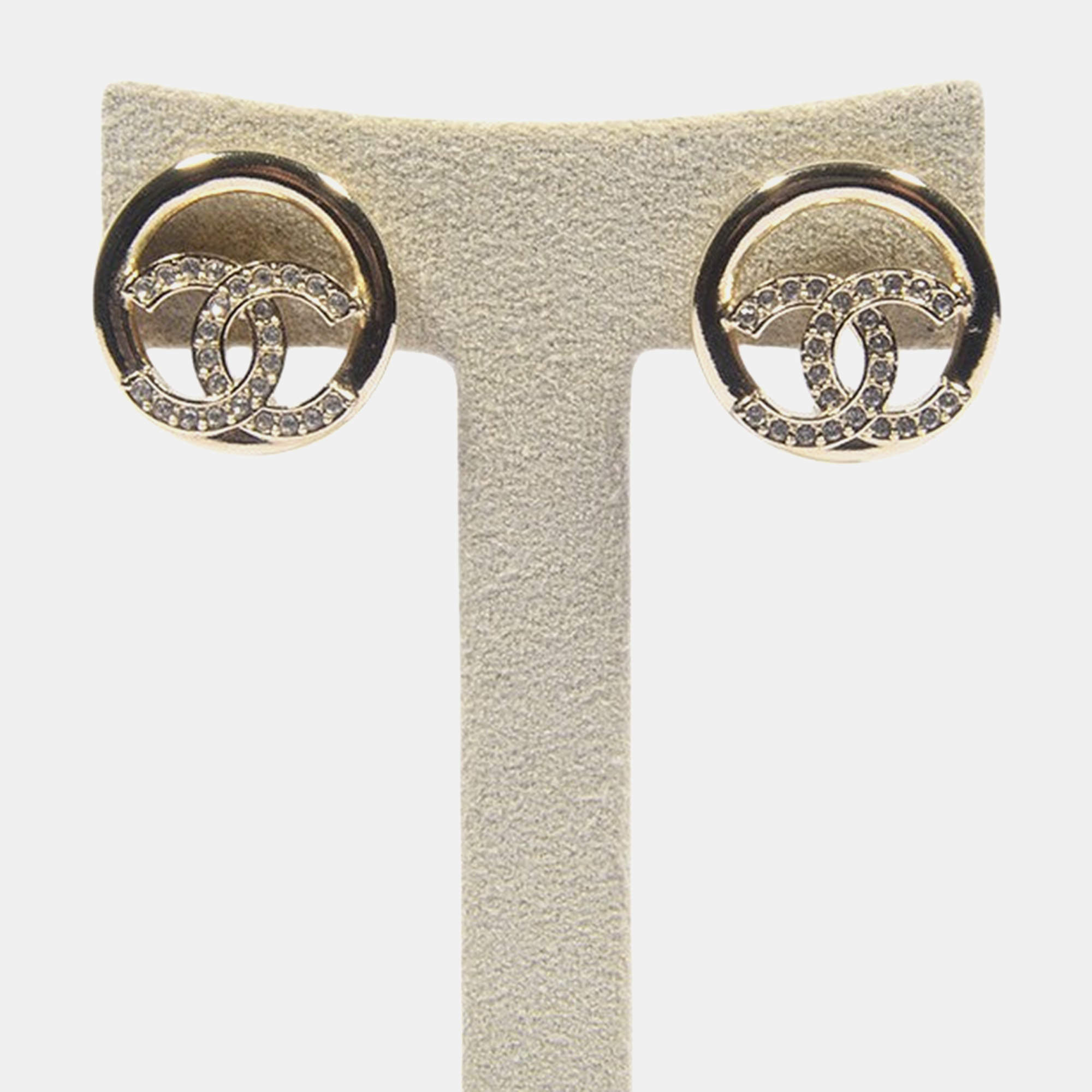 Pre Owned Chanel AB7635 Crystal CC Circle Stud Earrings Gold Women's Earrings