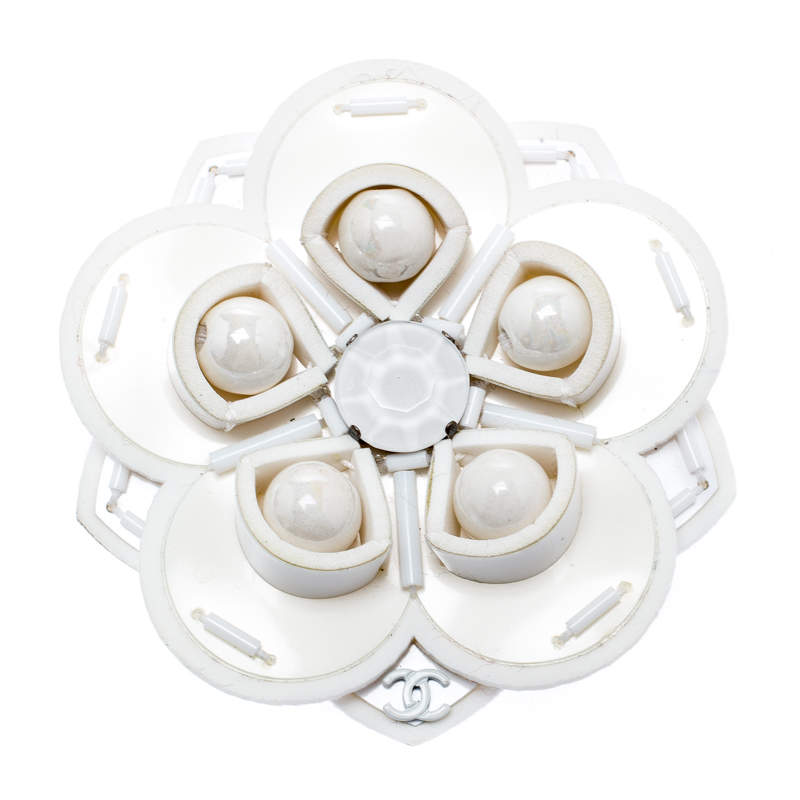 Pre Owned Chanel Off White Embellished Camellia Brooch