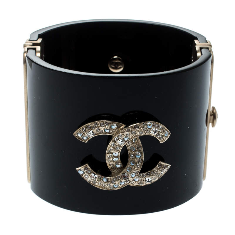 Chanel CC Crystal Studded Black Gold Tone Wide Cuff Bracelet