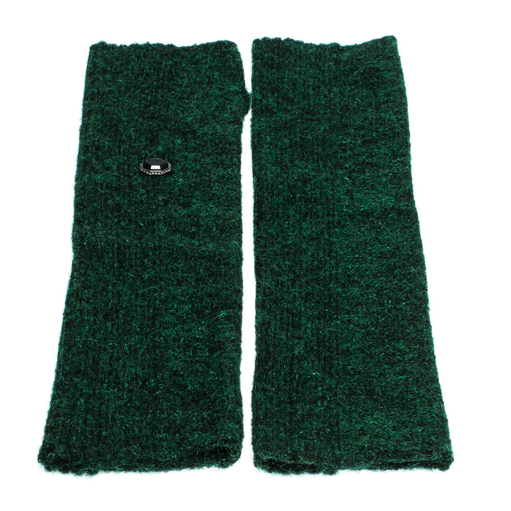 Pre Owned Chanel Green Lurex Knit Embellished Fingerless Gloves