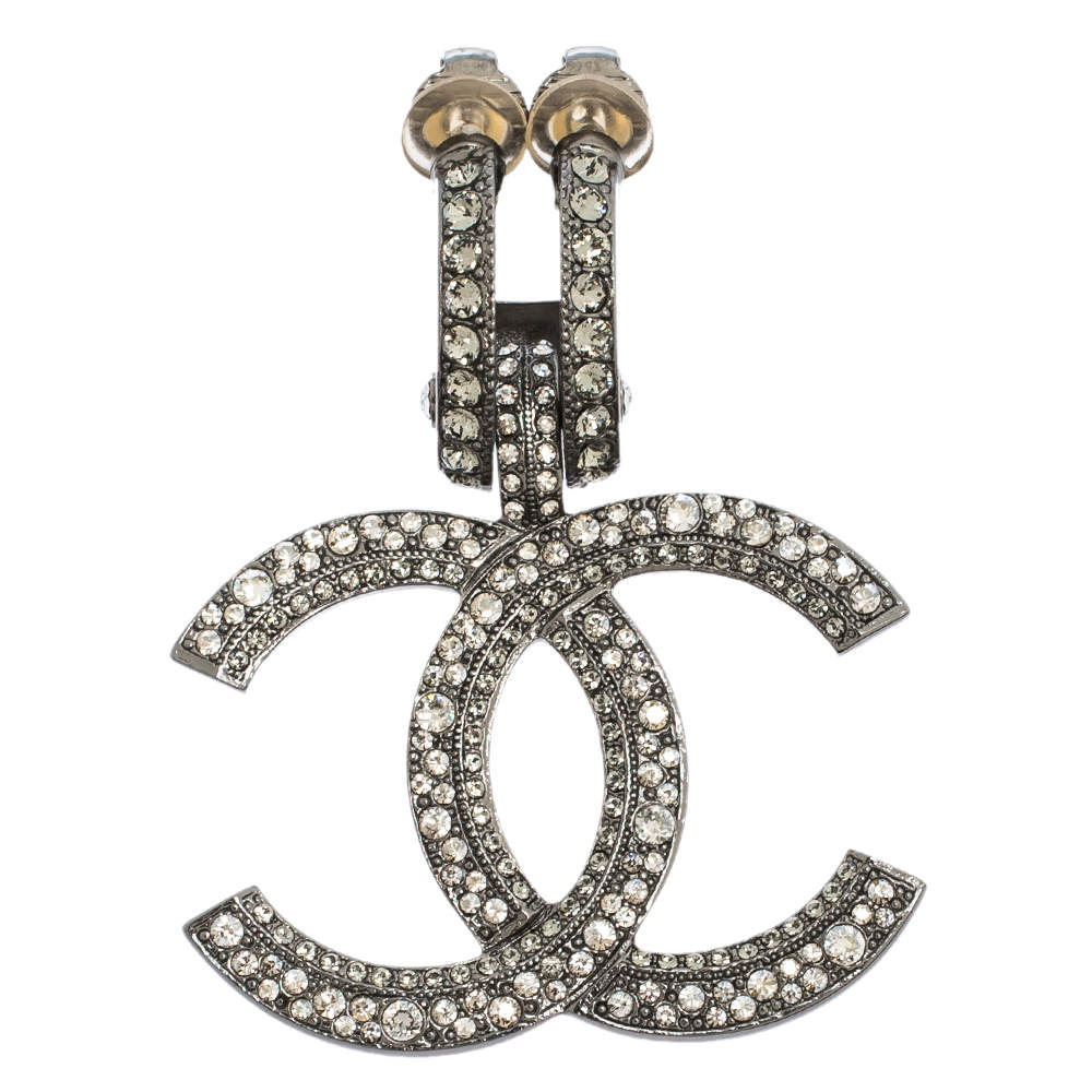 Chanel Crystal Gunmetal Tone Single Clipon Drop Earring Chanel TLC