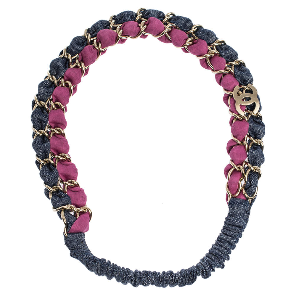 Pre Owned Chanel Multicolor Fabric Gold Tone Chain Embellished Headband