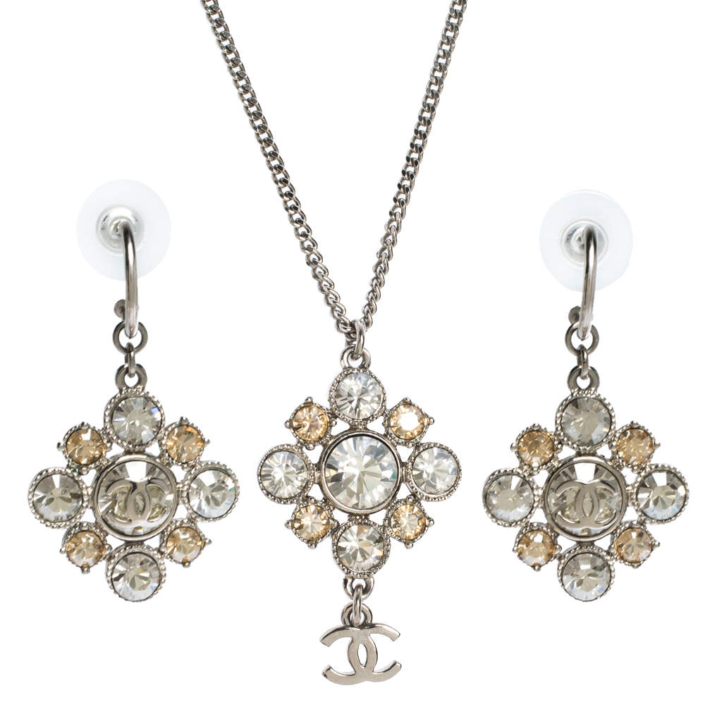 Chanel CC Floral Crystal Hoop Earrings and Necklace Set