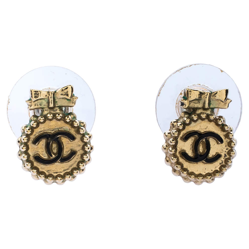 Chanel CC Bow Gold Tone Stud Earrings
