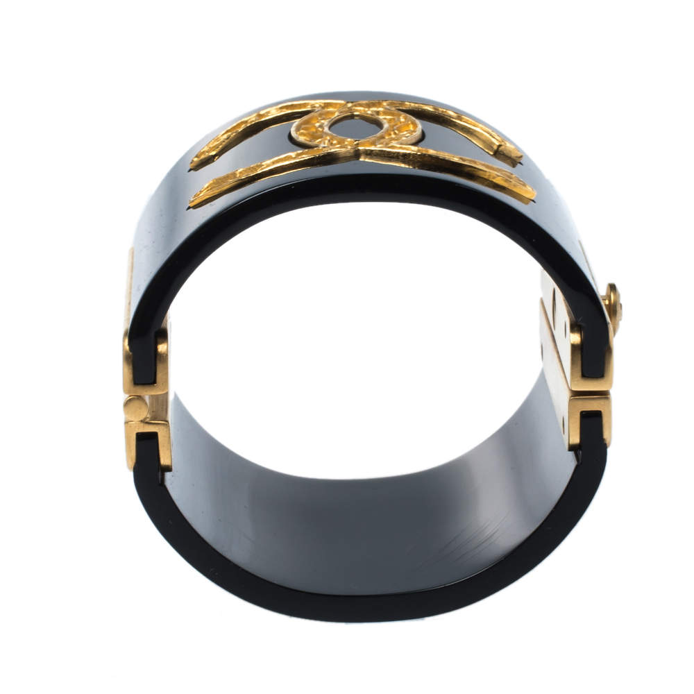 Chanel 05A Black Tree Clover CC Charm Cuff Bangle Bracelet 820cas6