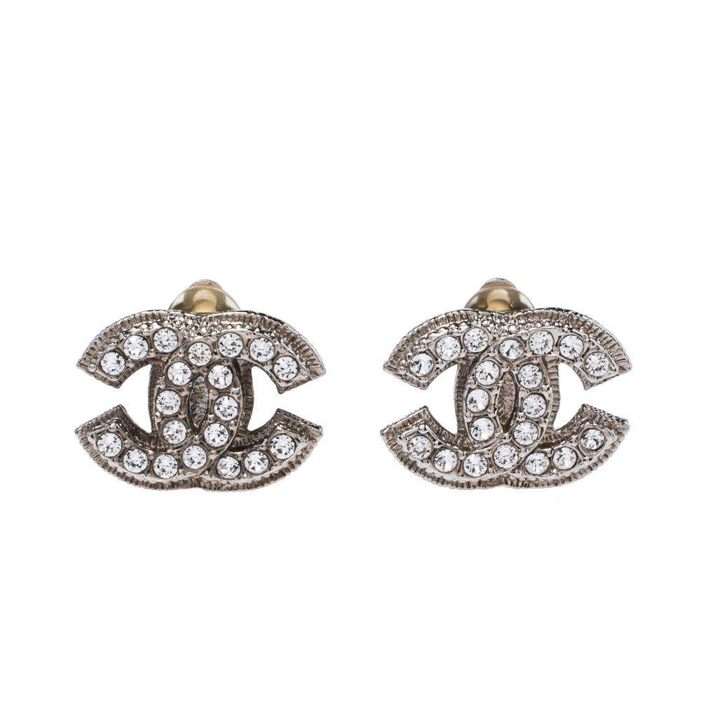 Chanel Silver Tone Crystal CC Clip-On Stud Earrings
