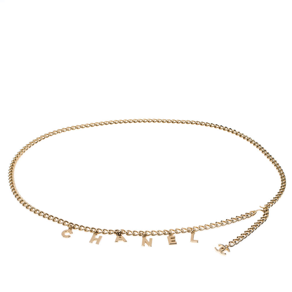 Pre Owned Chanel Vintage Gold Tone Logo Charm Chain Link Belt