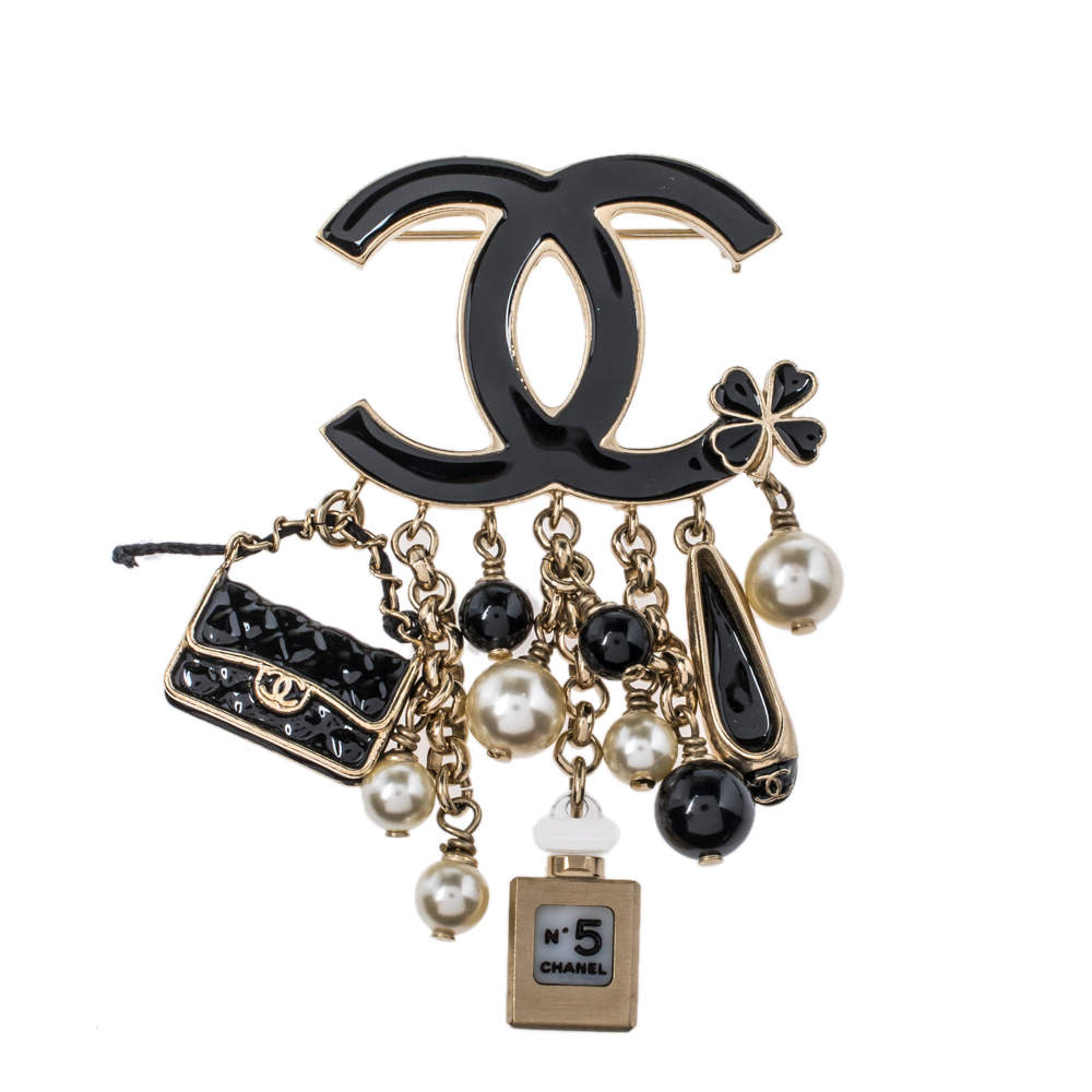 Chanel Gold Tone CC Iconic Charms Pin Back Brooch Chanel
