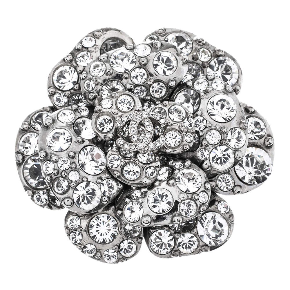 مملوكة مسبقًا Chanel Silver Tone Crystal Camelia Pin Brooch