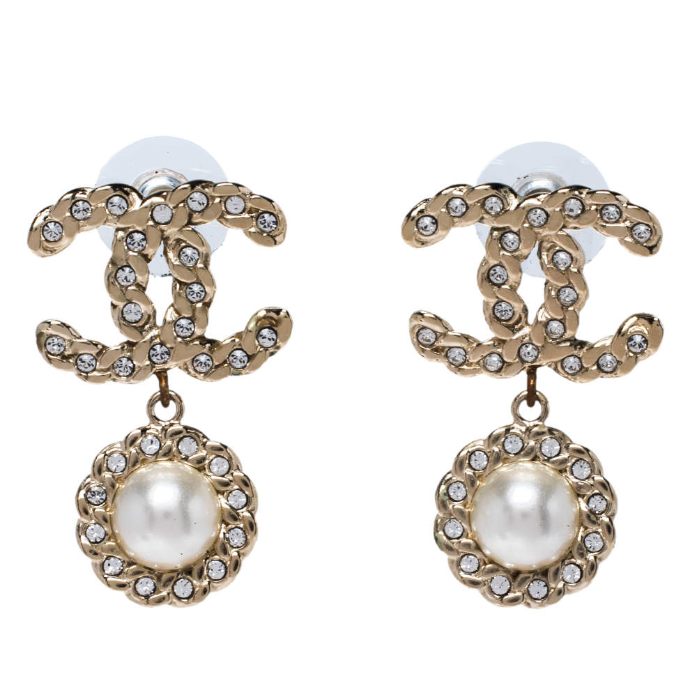 Chanel Pale Gold Tone Crystal & Faux Pearl CC Drop Earrings Chanel ...