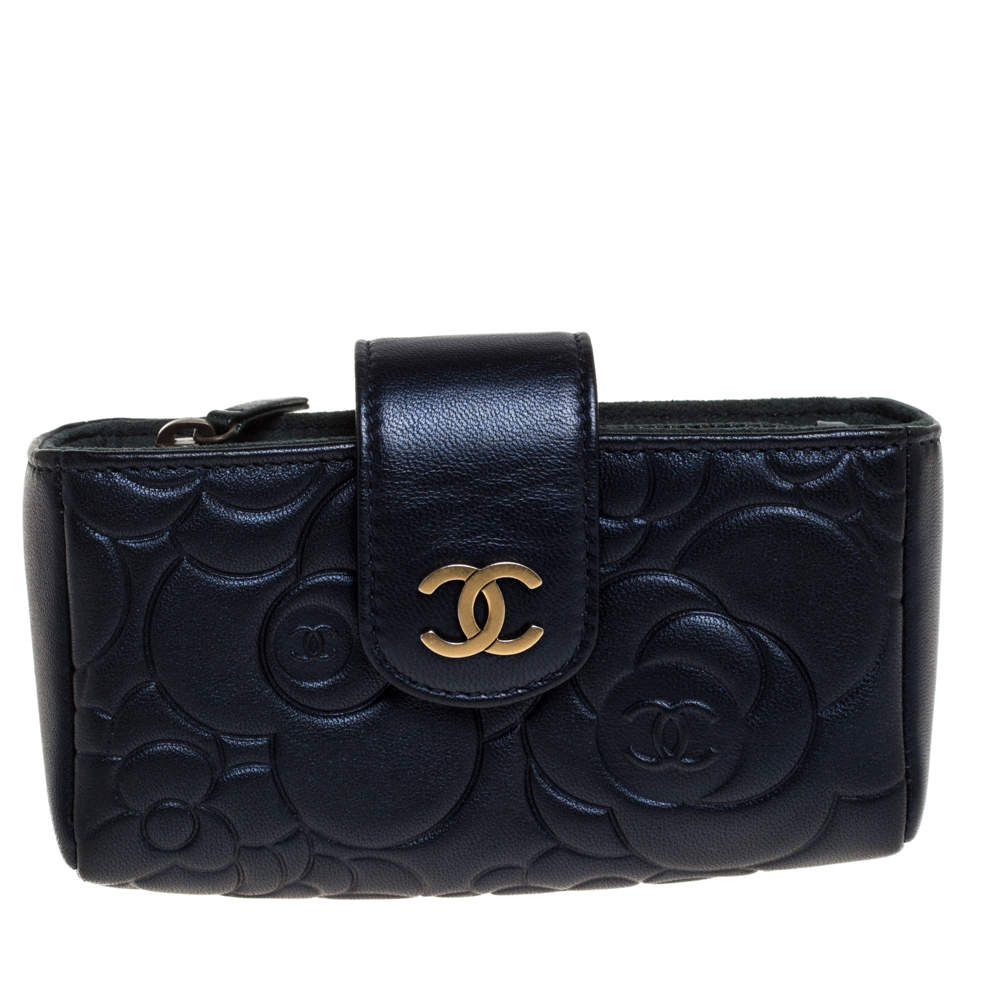 Pre Owned Chanel Metallic Navy Blue Camellia Embossed Leather Phone Pouch