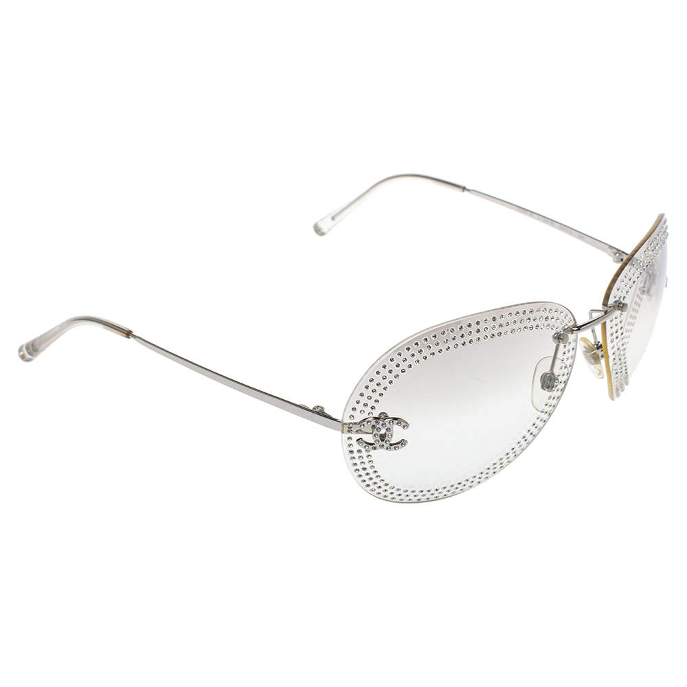 Chanel Silver/Clear 4049B Crystal Embellished Aviator Sunglasses