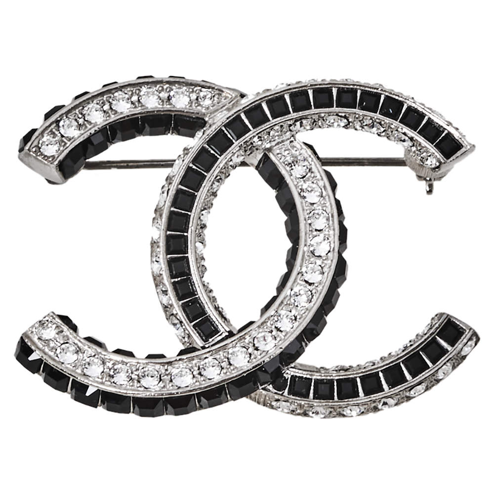 Chanel CC Crystal Embellished Silver Tone Pin Brooch