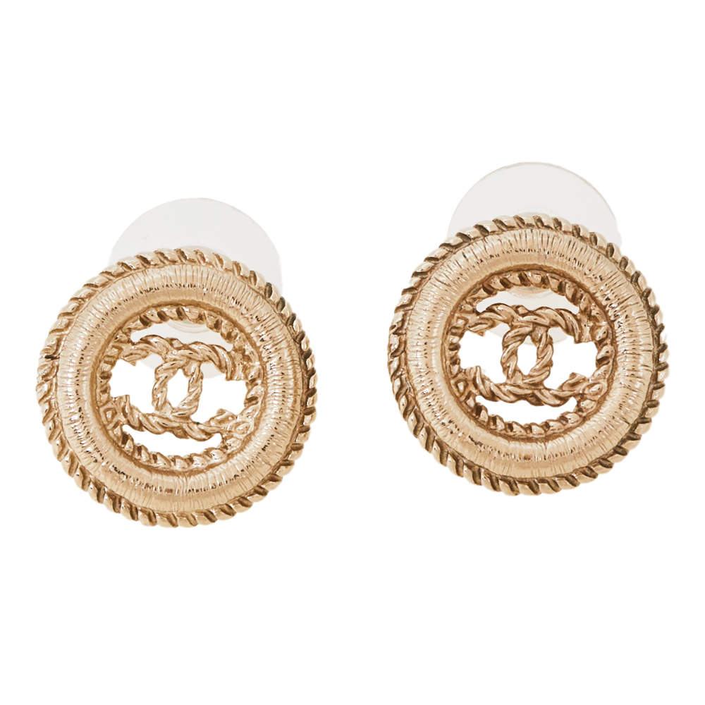 Chanel CC Textured Gold Tone Round Stud Earrings
