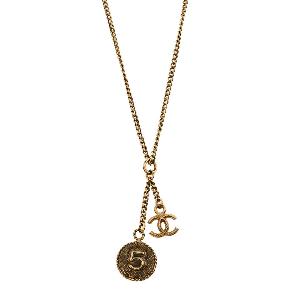 Chanel No 5 and CC Logo Charm Pendant Gold Tone Chain Necklace Chanel
