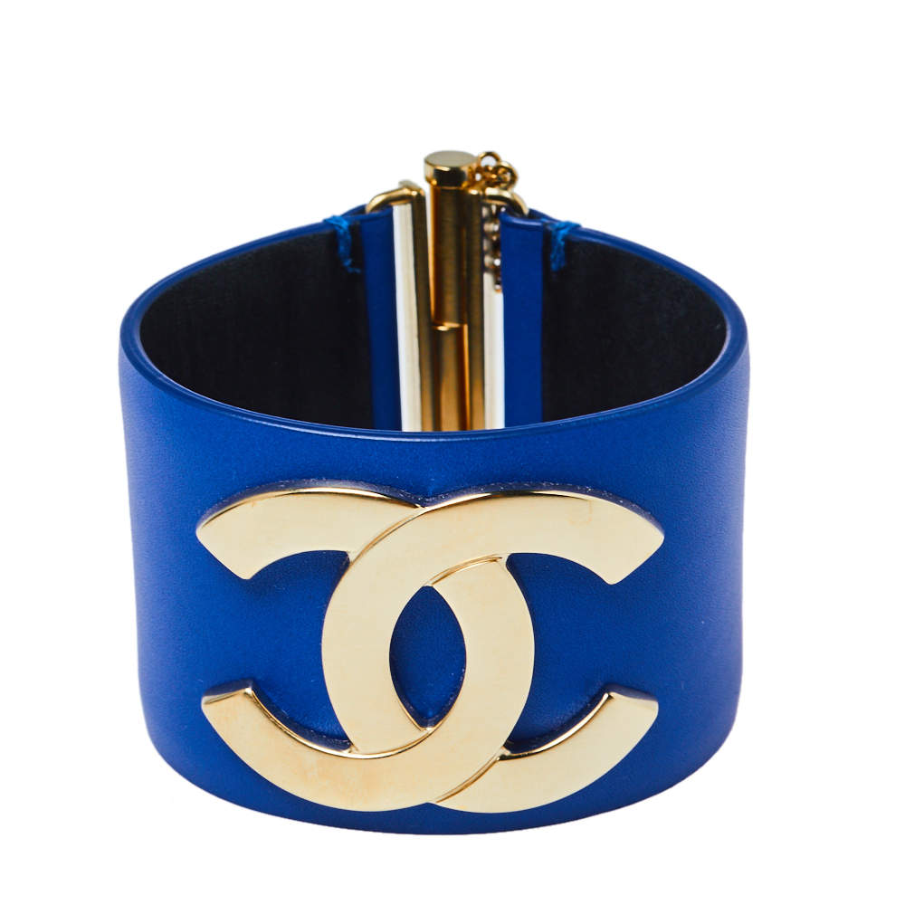 Chanel Blue Leather CC Wide Cuff Bracelet M