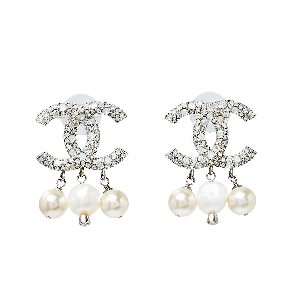 Chanel CC Crystal and Pearl Drop Earrings