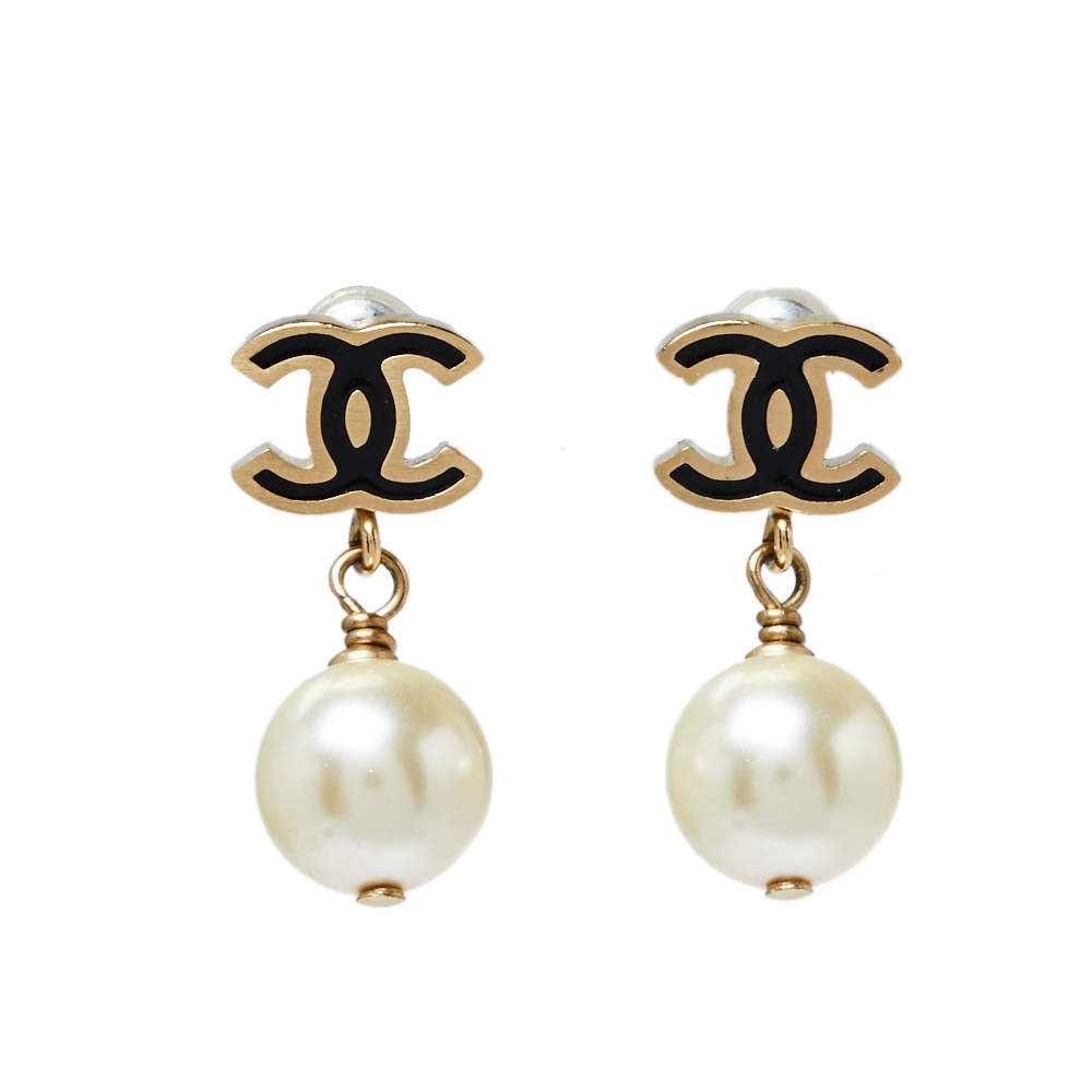 Chanel Black and Gold CC Logo Faux Pearl Drop Earrings