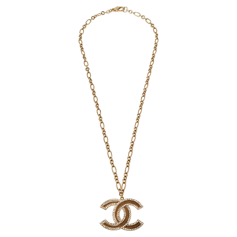 Chanel Gold Tone Crystal CC Pendant Necklace Chanel