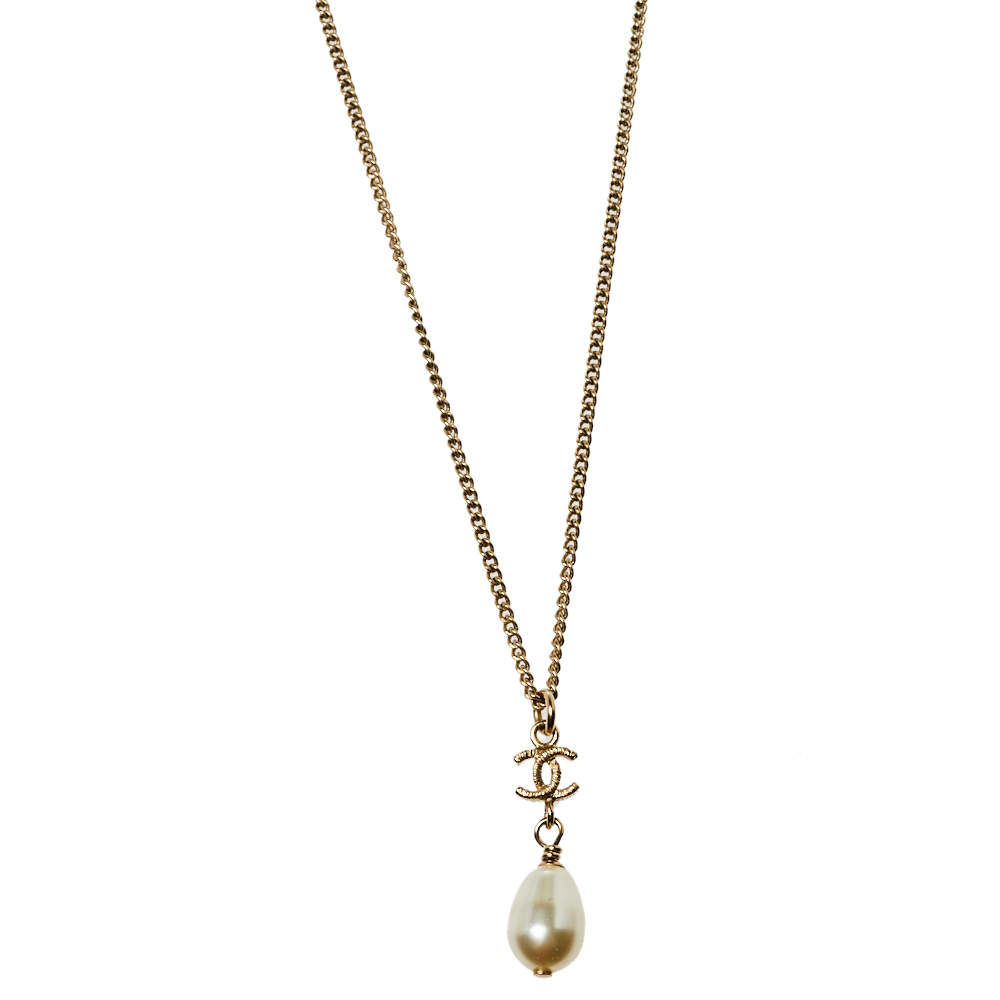 Chanel Pale Gold Tone Pearl Drop CC Pendant Necklace