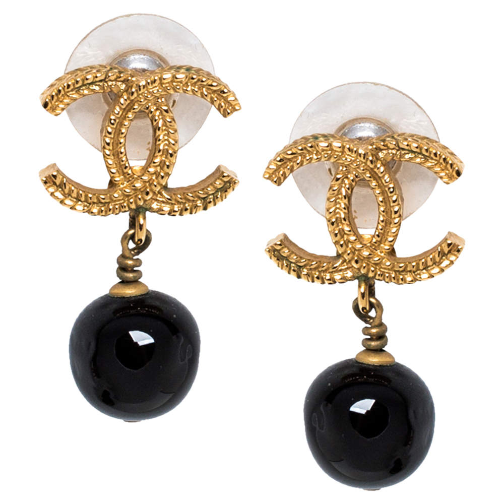 Chanel Gold Tone CC Black Glass Pearl Drop Earrings