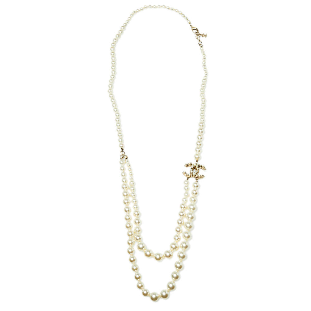 Chanel Pale Gold Tone Faux Pearl CC Layered Necklace