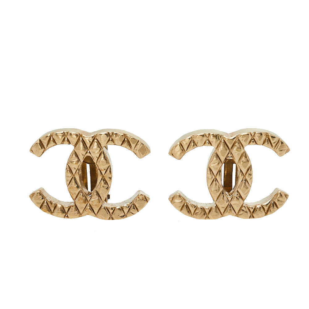 Chanel CC Quilted Gold Tone Clip On Stud Earrings