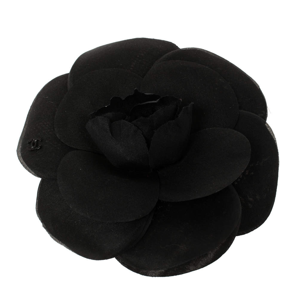 Pre Owned Chanel Black Organza Camellia Pin Brooch