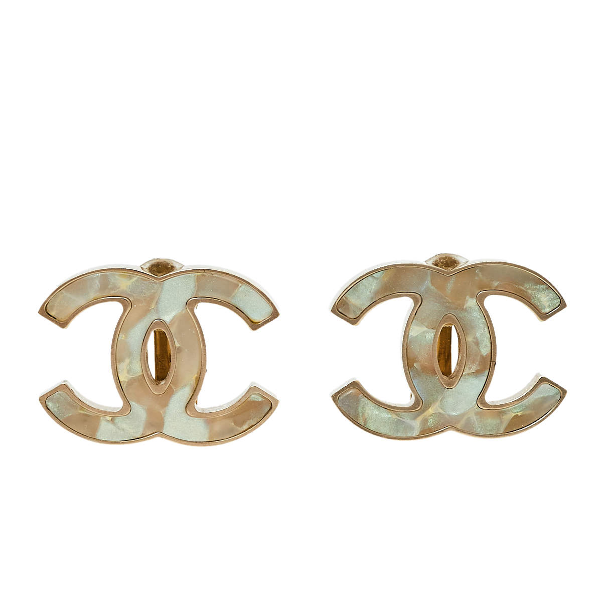 Chanel Shimmer Resin Inlay CC Gold Tone Clip On Earrings