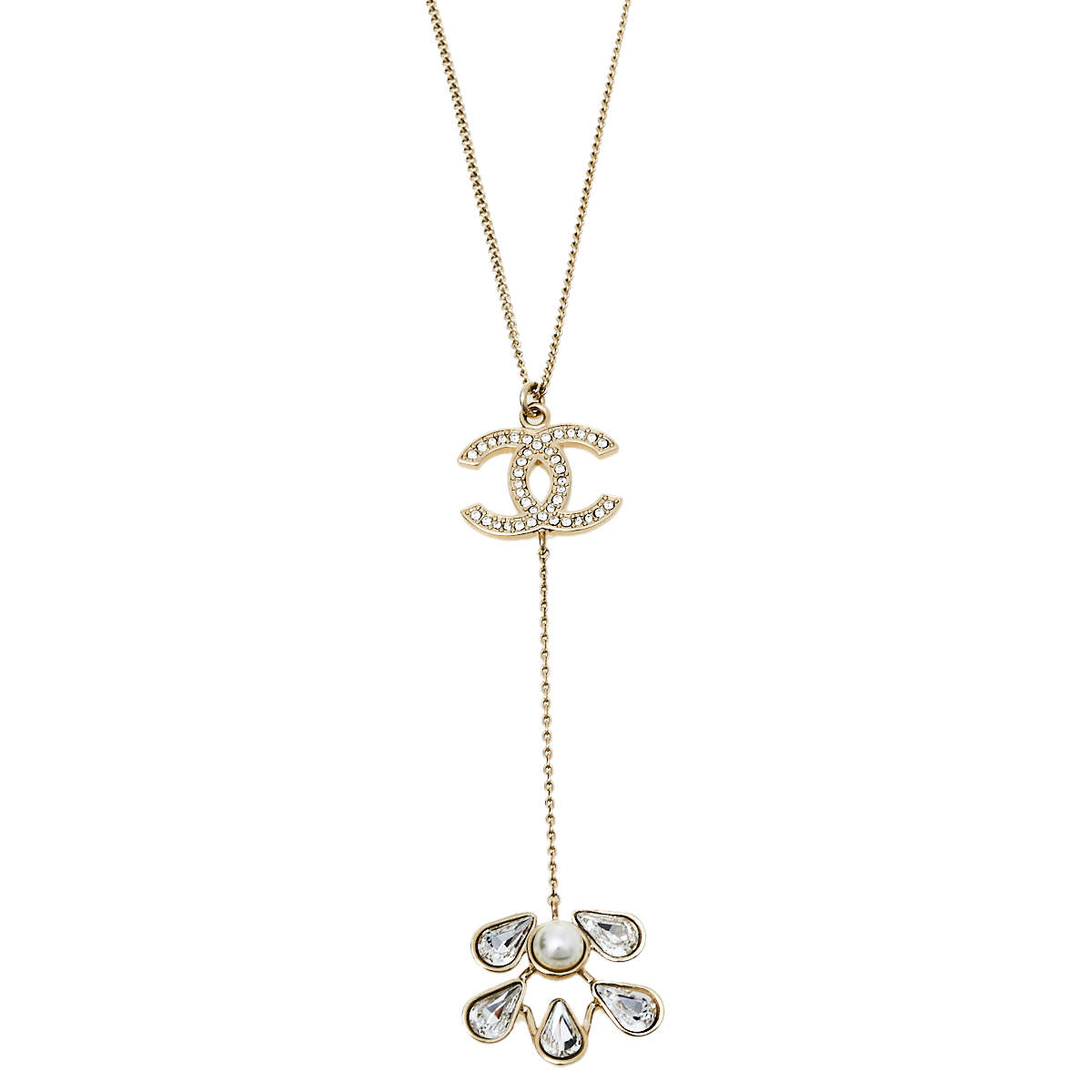 Chanel Gold Tone Faux Pearl and Crystal CC Drop Necklace
